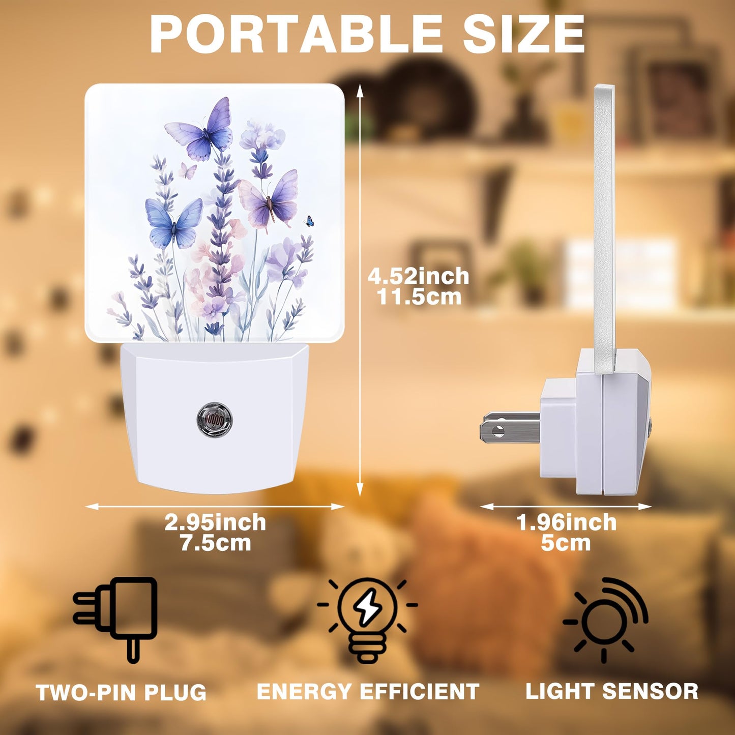 FOISIIAEA Night Light Watercolor Lavender Flower with Butterfly Night Lights Plug into Wall Smart Dusk to Dawn Sensor 0.5W Energy Efficient Led Lamp