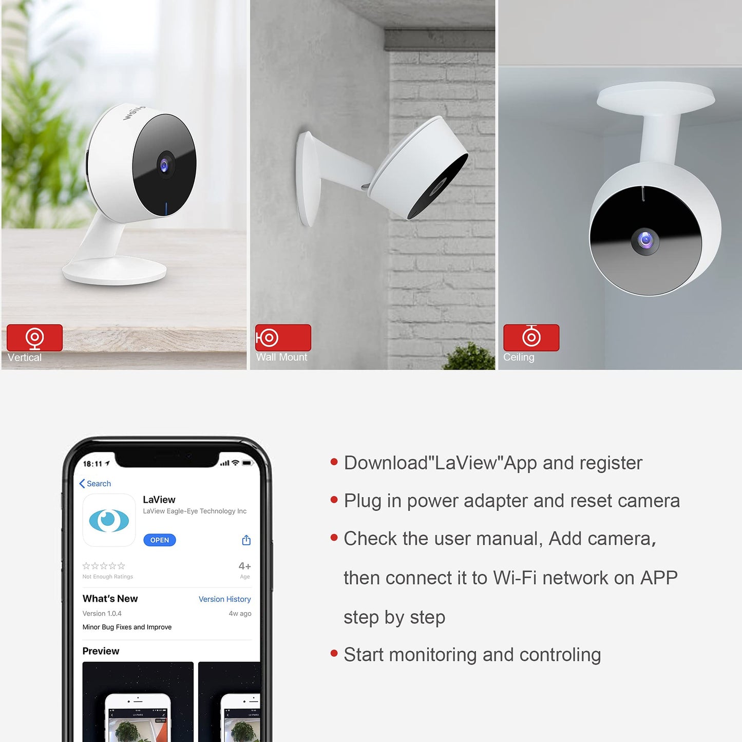 LaView Security Cameras 4pcs, Home Security Camera Indoor 1080P, Wi-Fi Cameras Wired for Pet, Motion Detection, Two-Way Audio, Night Vision, Phone