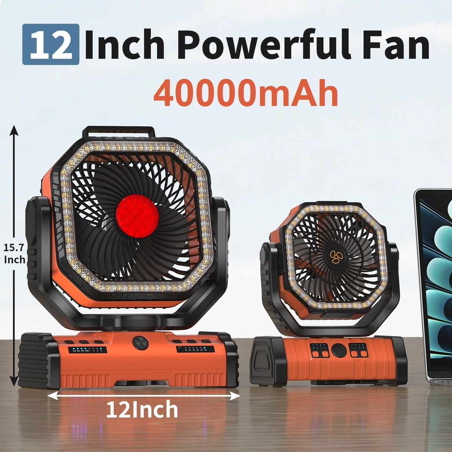 EEIFO 12 Inch Portable Camping Fan, 40000mAh Rechargeable Battery Powered Fan with 4 Speeds Wind and LED Light 140H, Cool & Warm Light and SOS Mode