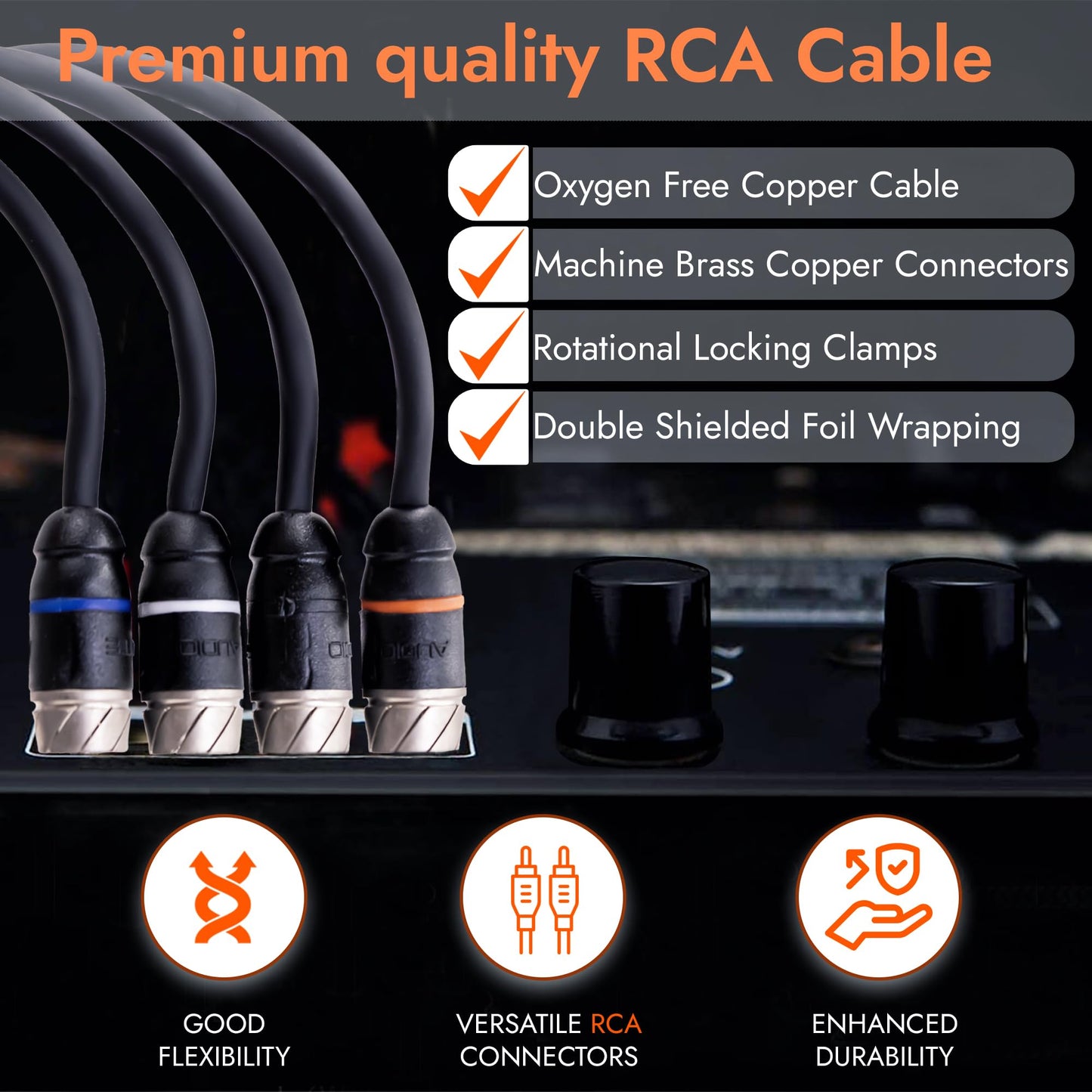 Elite Audio Premium Series 17ft. 4-Channel Car Audio RCA Cable - Double Shielded, Oxygen Free Copper, Noise Reducing Audio Cable for Amplifiers