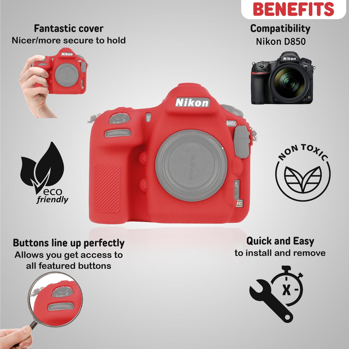 STSEETOP Camera Case for Nikon D850 - Silicone Protective DSLR Skin Cover, Detachable Cage, Shockproof, Dustproof (Red)