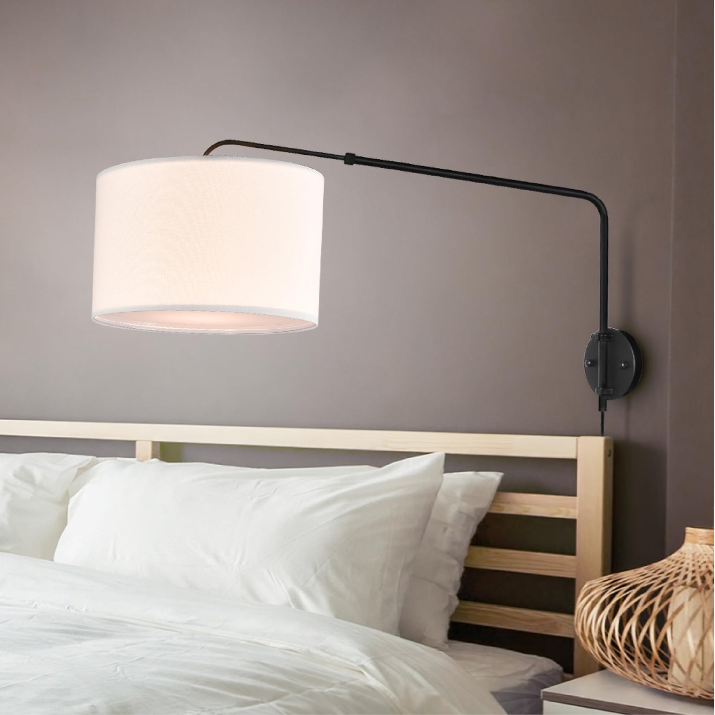 Coby Adjustable Sconce, Wall Mount Light with Telescopic Swing Arm, Matte Black Finish with 2 Linen Shades Included