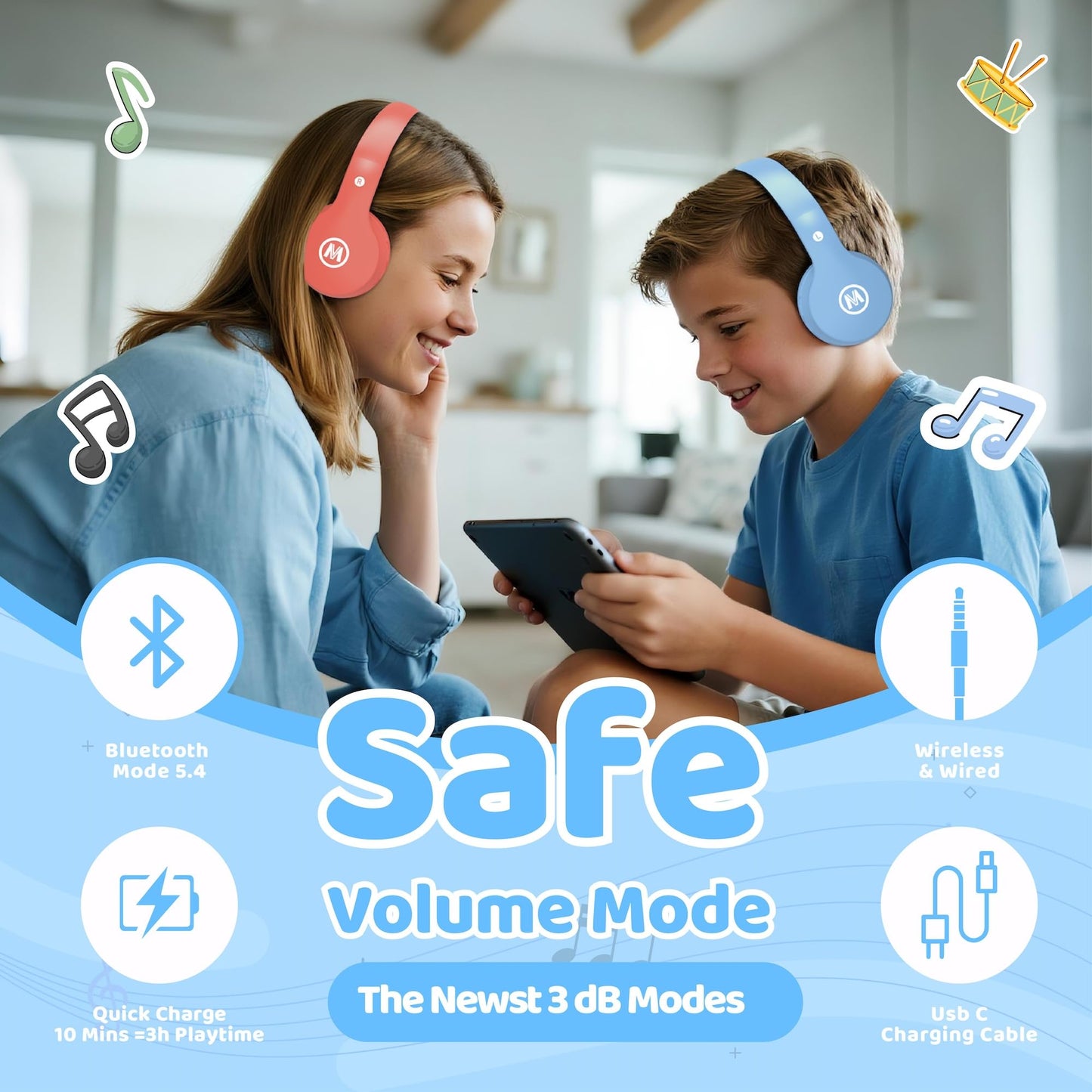 Mokata Headphones Kids Bluetooth 5.4 Wireless Play Time 68H Safe Volume Limit 85/94dB Over-Ear Foldable Headset,Fast Charging,with Aux Cord Built-in…