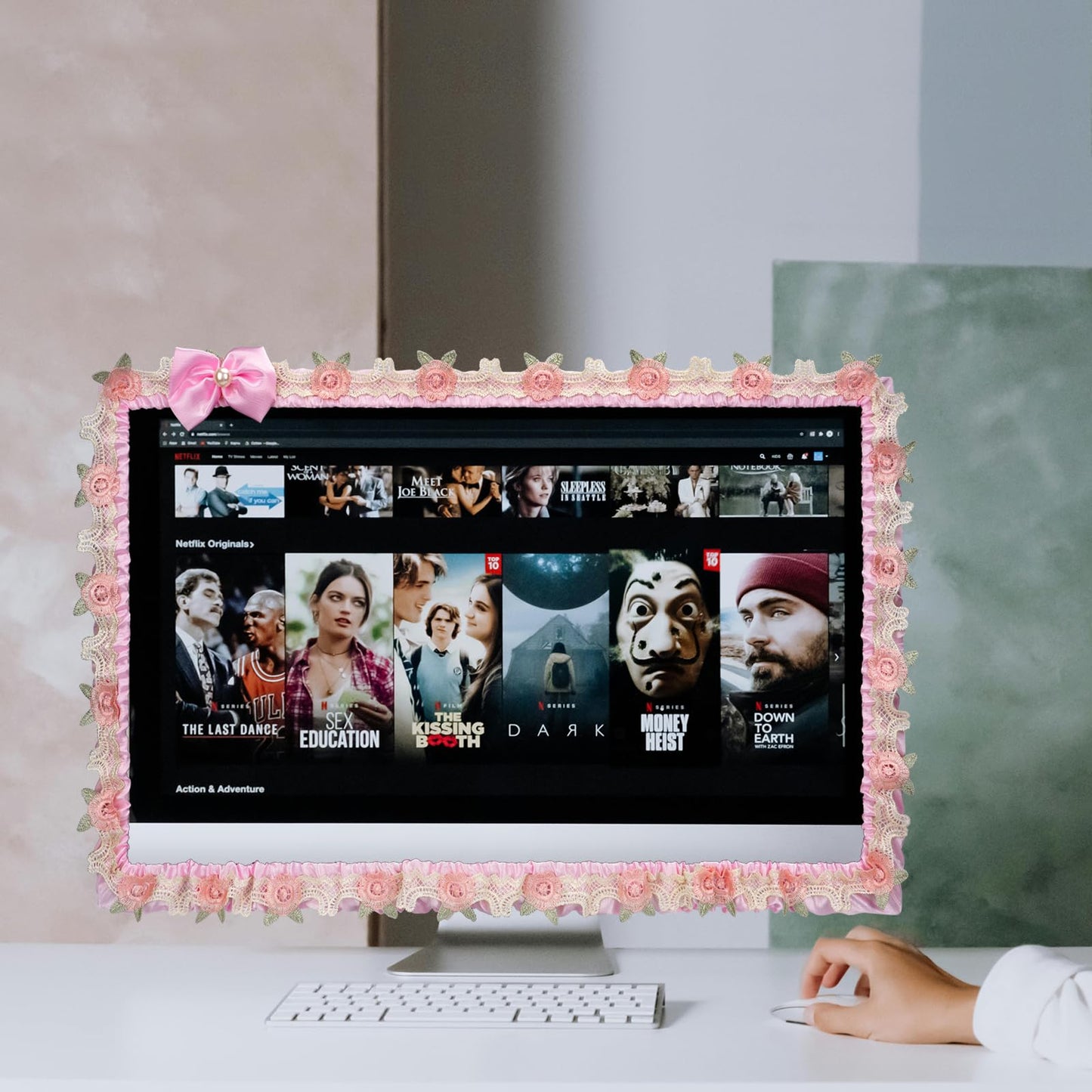 ReignSword 2 Pcs 23''-26'' Cute Computer Monitor Cover with Bow Tie, Lovely Computer Accessories with Lace Design, Monitor Dust Cover Protector (Pink)