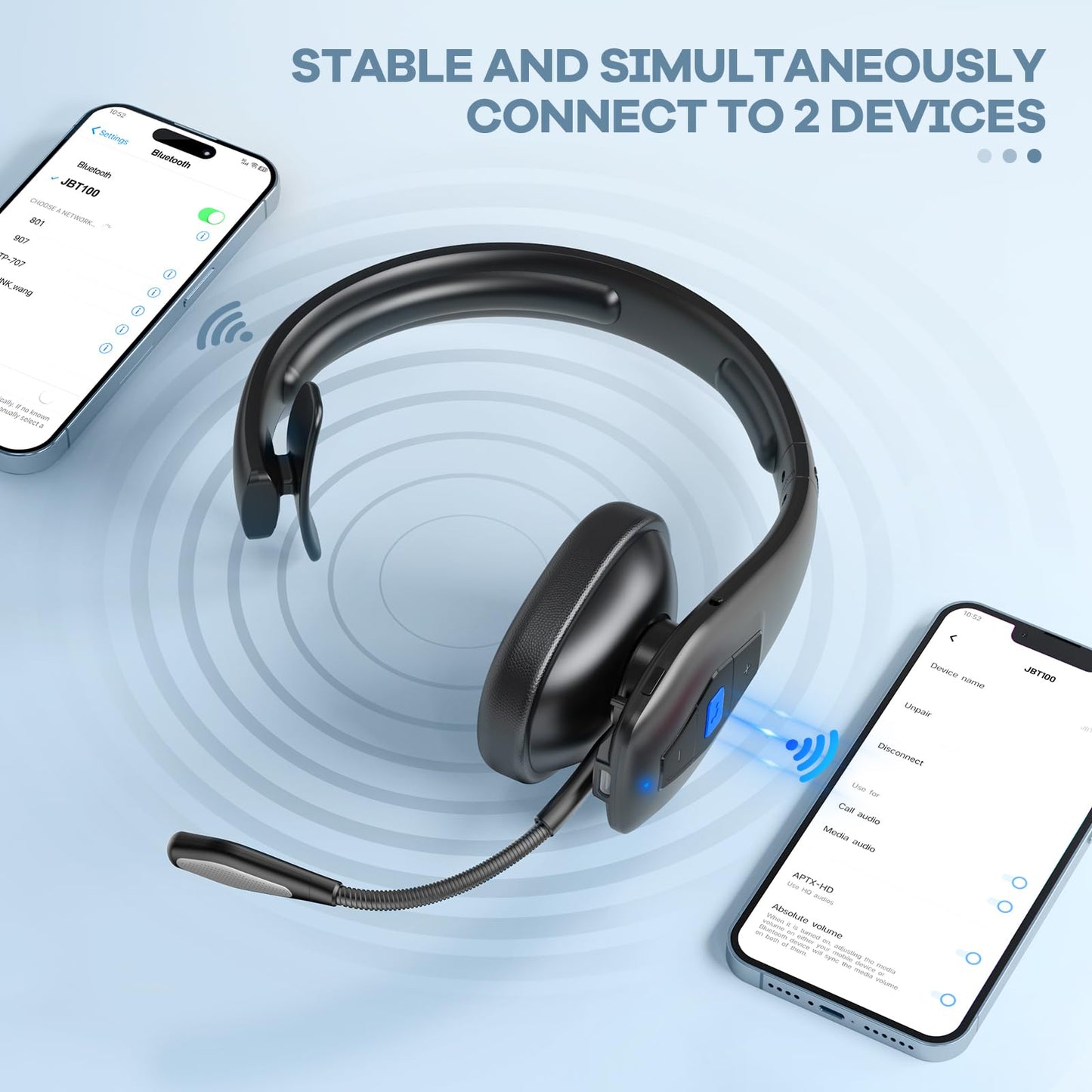 CONAMBO JBT100 Trucker Bluetooth Headset with Dual Mic Noise Canceling, CVC8.0, Mute Button, 60Hrs Battery Wireless Headset, On Ear Headphone for Cell
