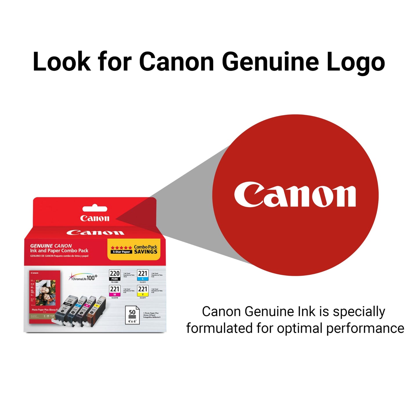 Canon PG-220/CL-221 Genuine Combo Pack with 50 Photo Paper Sheets, Compatible with MP980, MP560, MP620, MP640, MP990, MX860, MX870, iP4600, iP3600