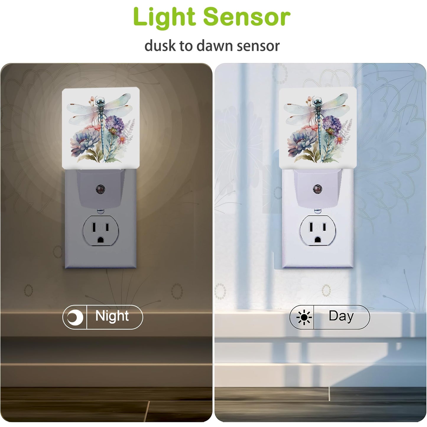 Floral Night Light,Dragonfly Watercolor Plug into Wall Nightlights with Dusk to Dawn Light Sensors for Bedroom, Bathroom, Hallway, Kitchen, Night