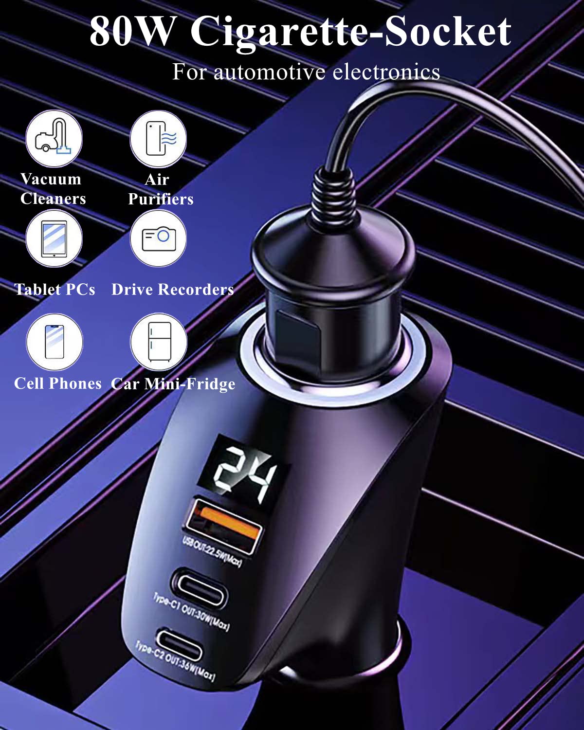 Sniyvdo [PD36W&QC22.5W] Car Charger Adapter,5 IN 1 USB Car Charger with Multi Port,[Voltage Display] 12V/24V Car Adapter Compatible with iPhone 15 Pro