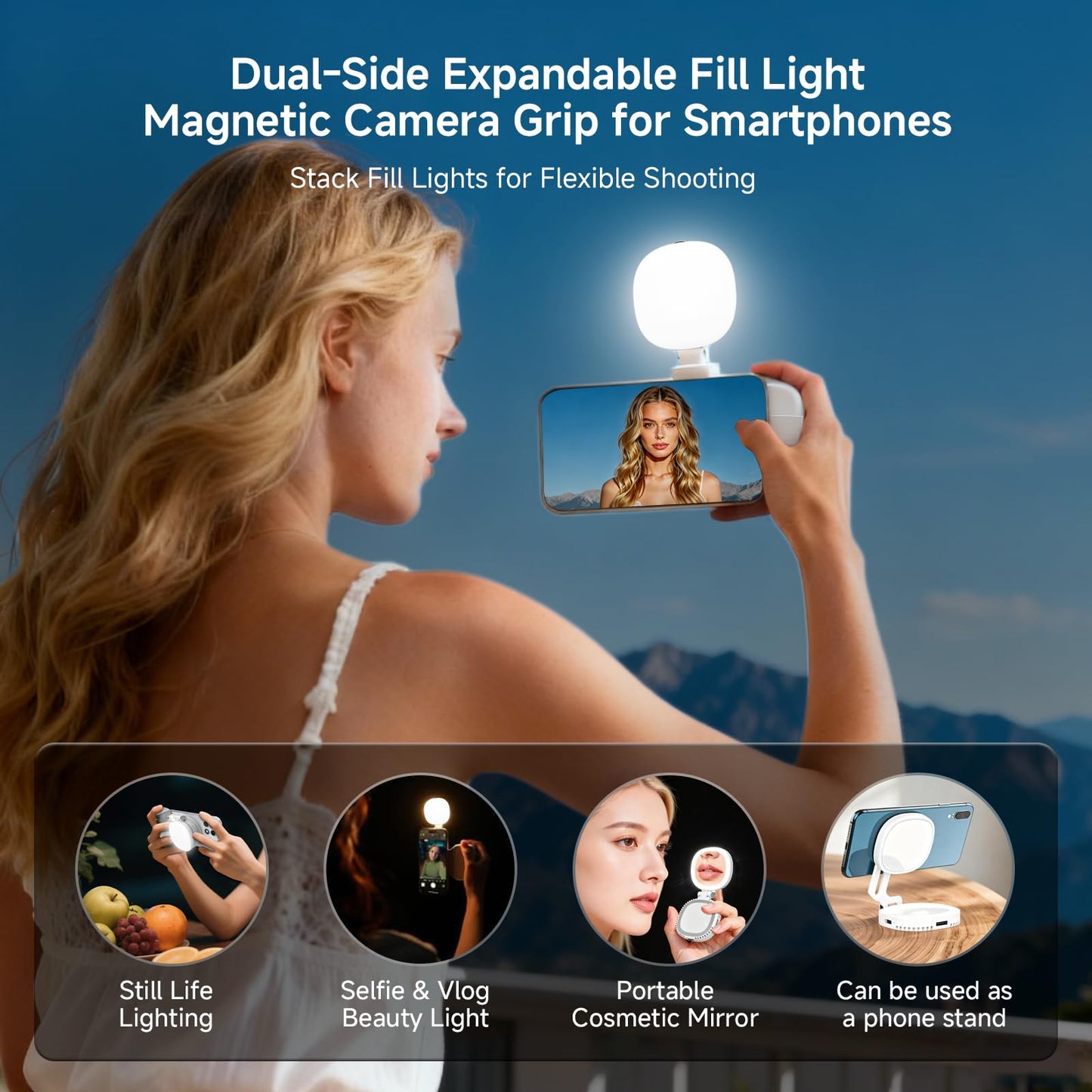 Magnetic Selfie Light & Phone Camera Grip with Detachable Wireless Shutter, Ergonomic Fun Shot Grip for iPhone & Android, Supports Native Camera