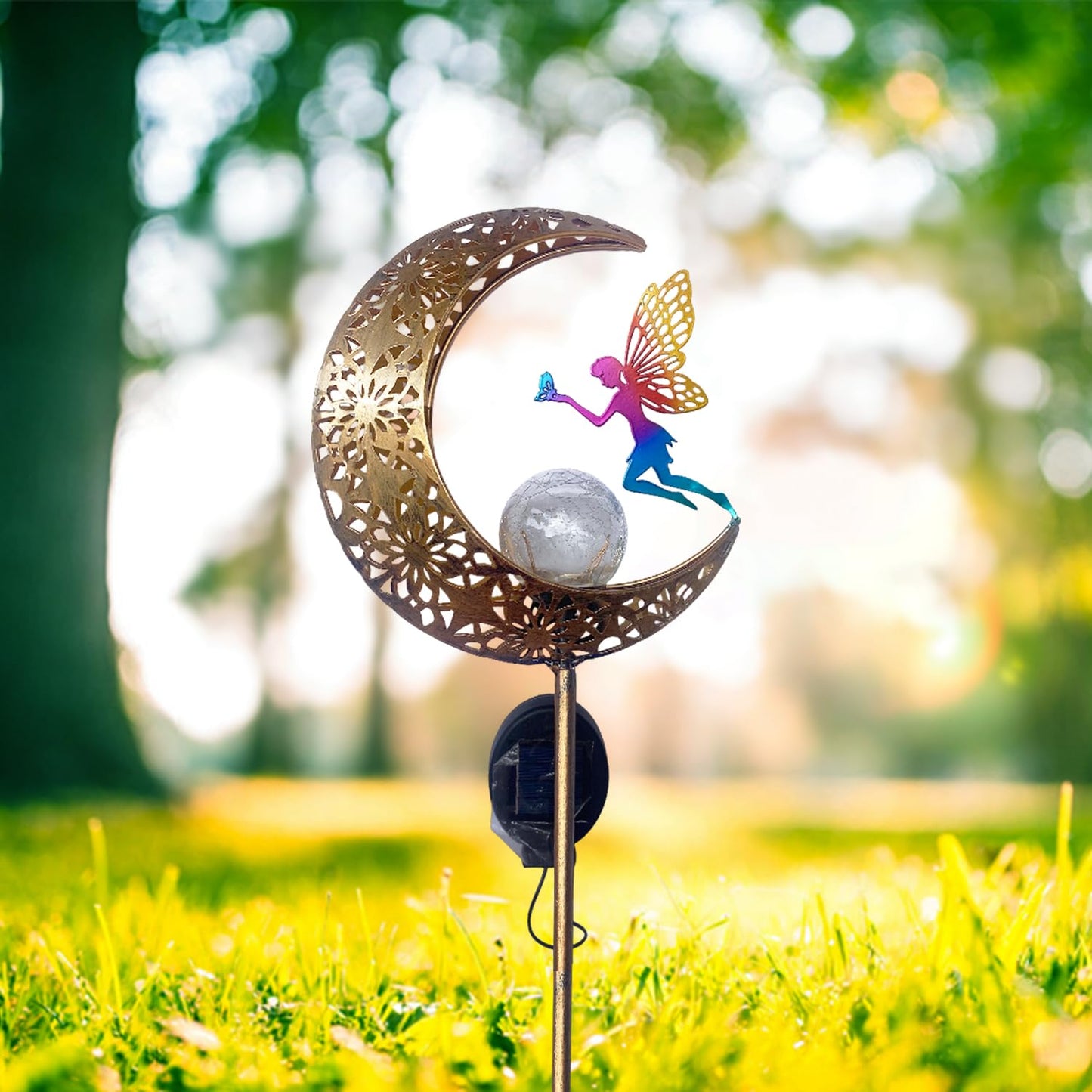 VividLadybug Solar Garden Lights Outdoor Decor, Moon Fairy Crackle Glass Lights, Waterproof LED Landscape Lighting Metal Stake Ornament, for Walkway