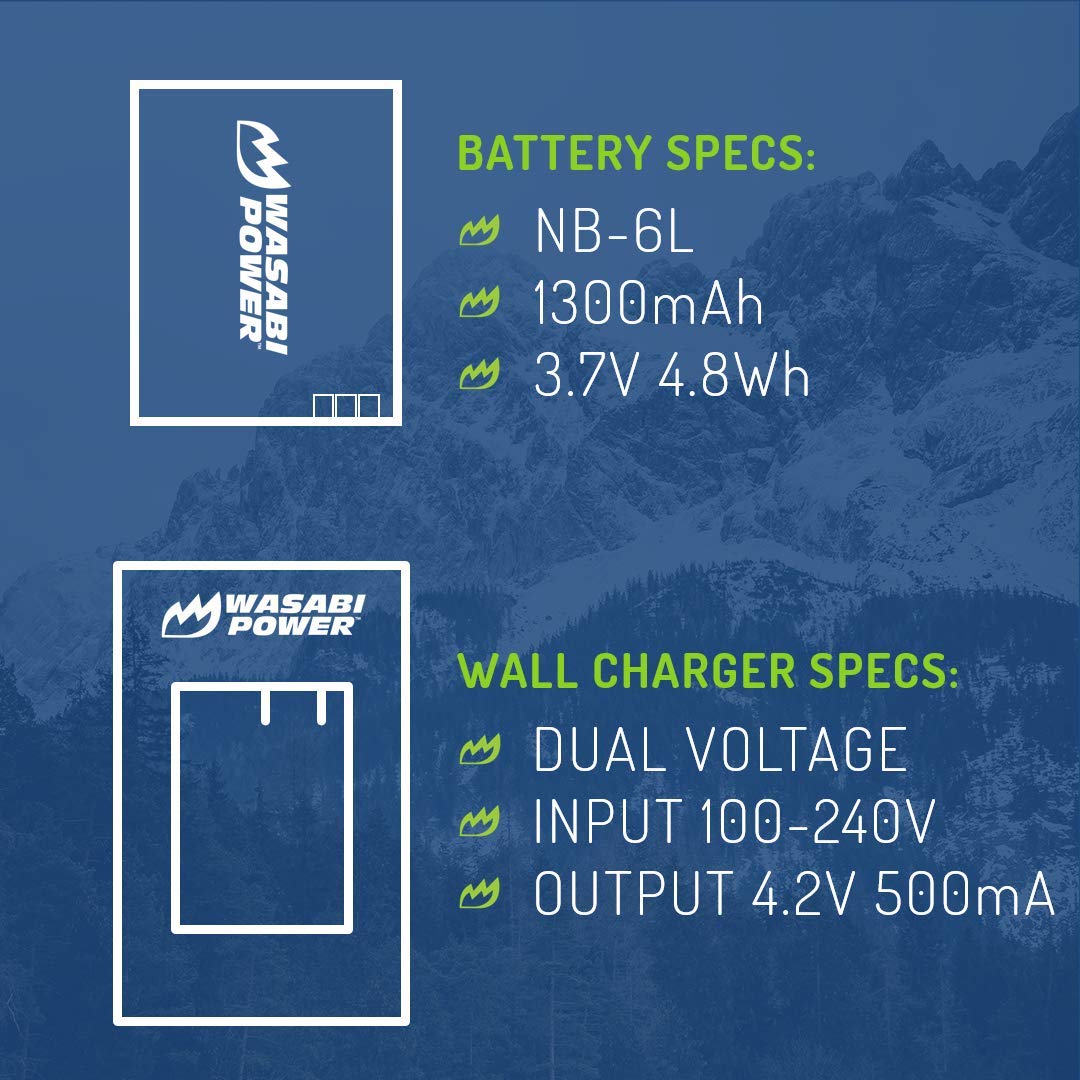 Wasabi Power Battery (2-Pack) and Charger for Canon NB-6L, NB-6LH, CB-2LY and Canon PowerShot D10, D20, D30, ELPH 500 HS, S90, S95, S120, SD770 IS