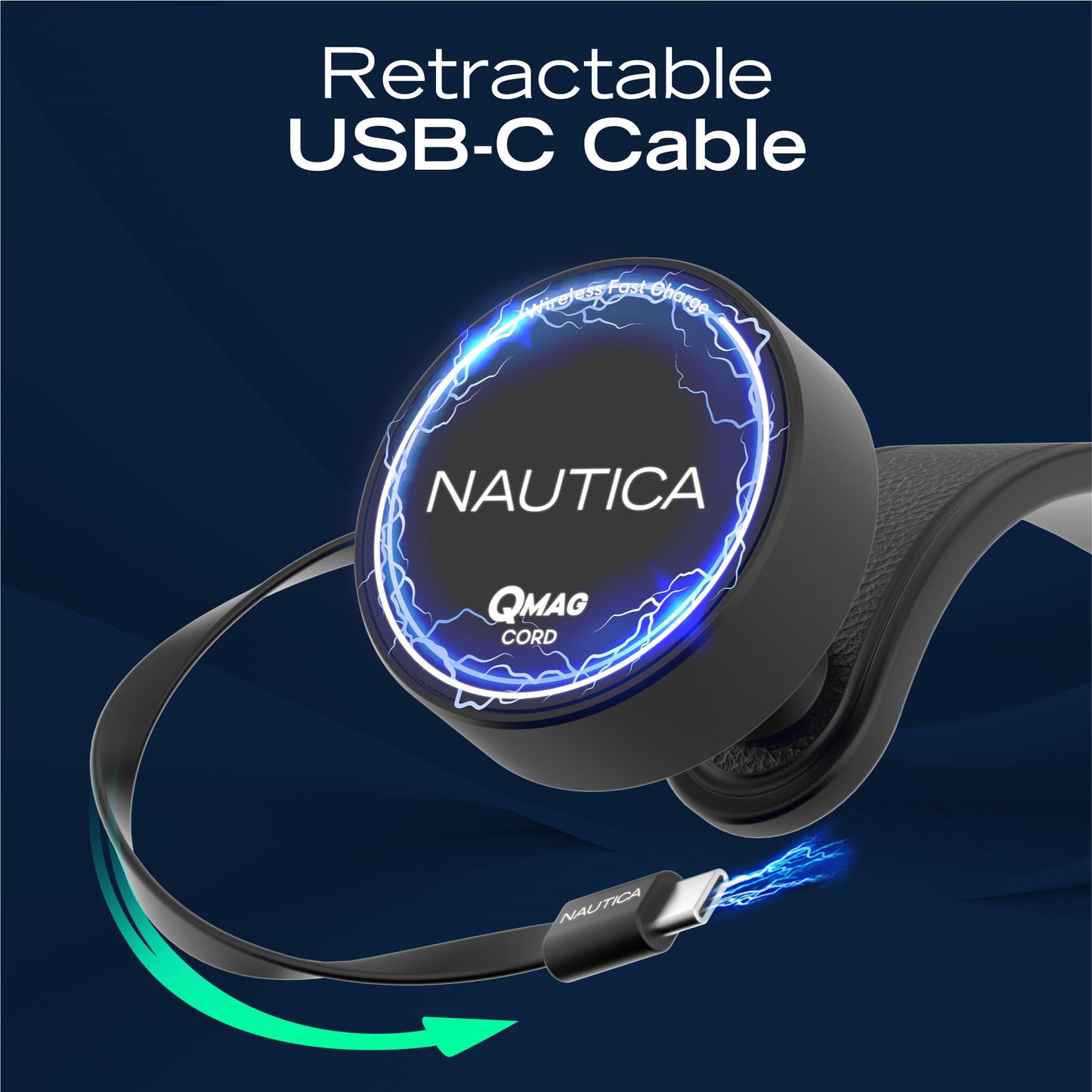 Nautica Turan QMAG Cord - Wireless Magnetic Car Charger 15W with Built-in Retractable USB-C Cable, Universal Fast Charging Phone Mount, Dashboard