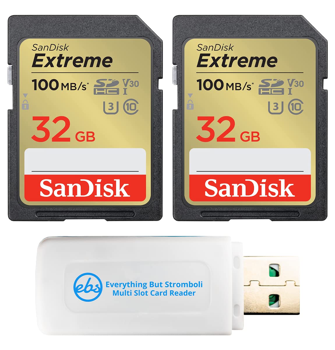 SanDisk Extreme 32GB 2 Pack SD Memory Card Works with Digital Camera, Computer, and Trail Cameras (SDSDXVT-032G-GNCIN) Bundle with Everything But