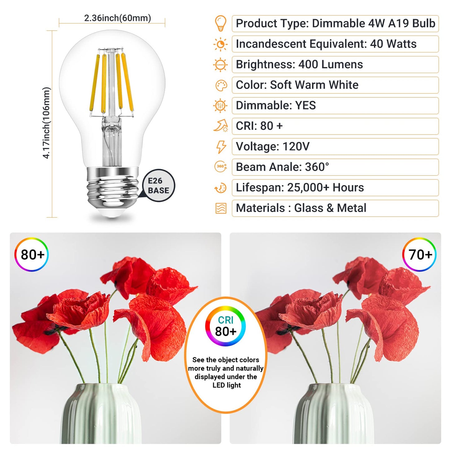 A19 E26 Base Dimmable Edison LED Bulb, 4W(40 Watt Equivalent) Stepless Dimming Light Bulbs 470lm, 3000K Soft Warm White, Vintage Clear Glass LED