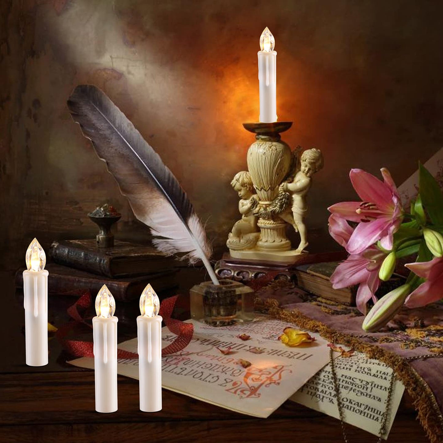 MIXALY 24 PCS LED Flameless Taper Candles, Battery Operated with Remote Updated Timer Function, Flickering Warm White Light, Perfec for Window