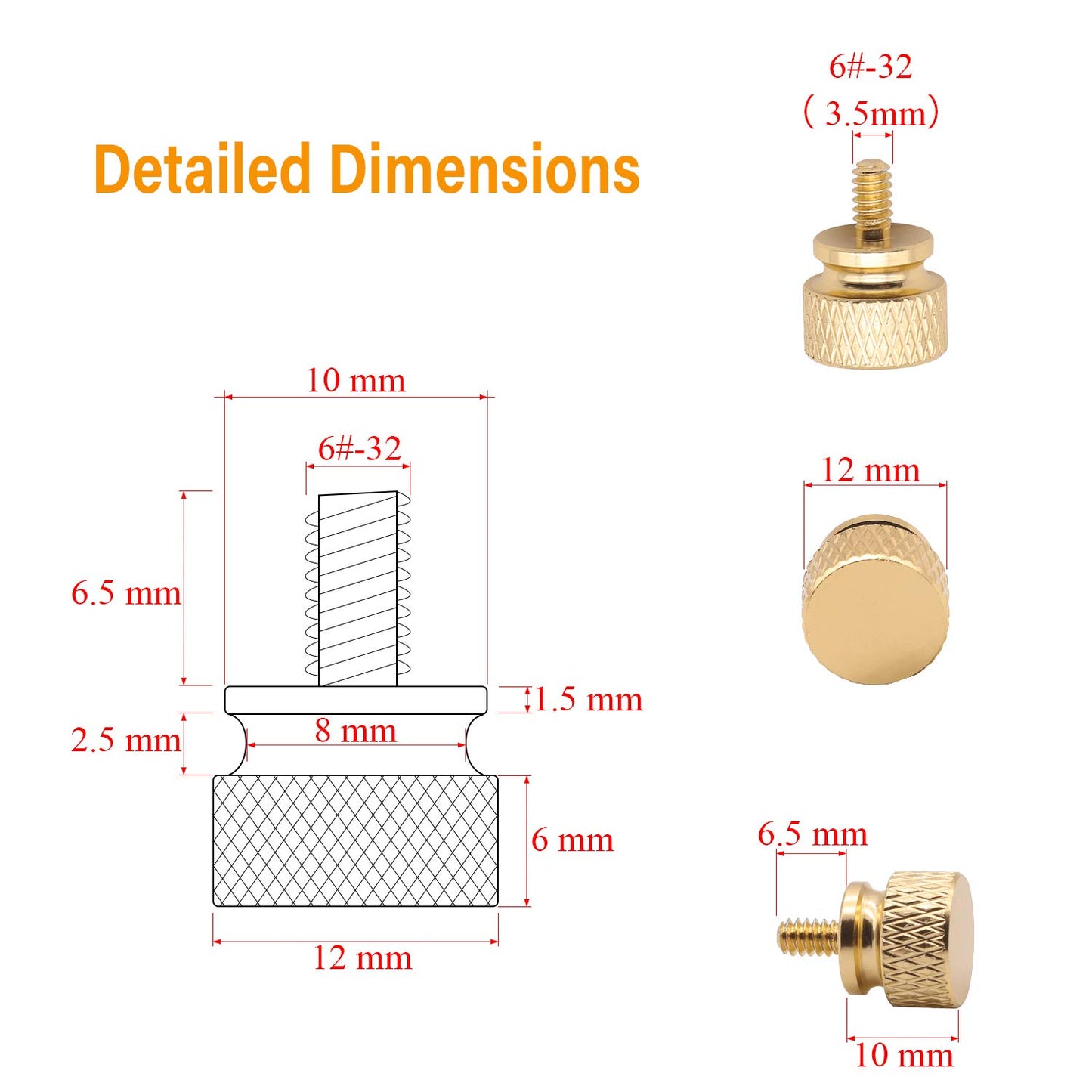 Powlankou 20 Pieces 6#-32 Computer Case Screws, Anodized Aluminum Thumbscrews, Fully Threaded Knurled Thumbscrews, Thumb Screws (Gold)