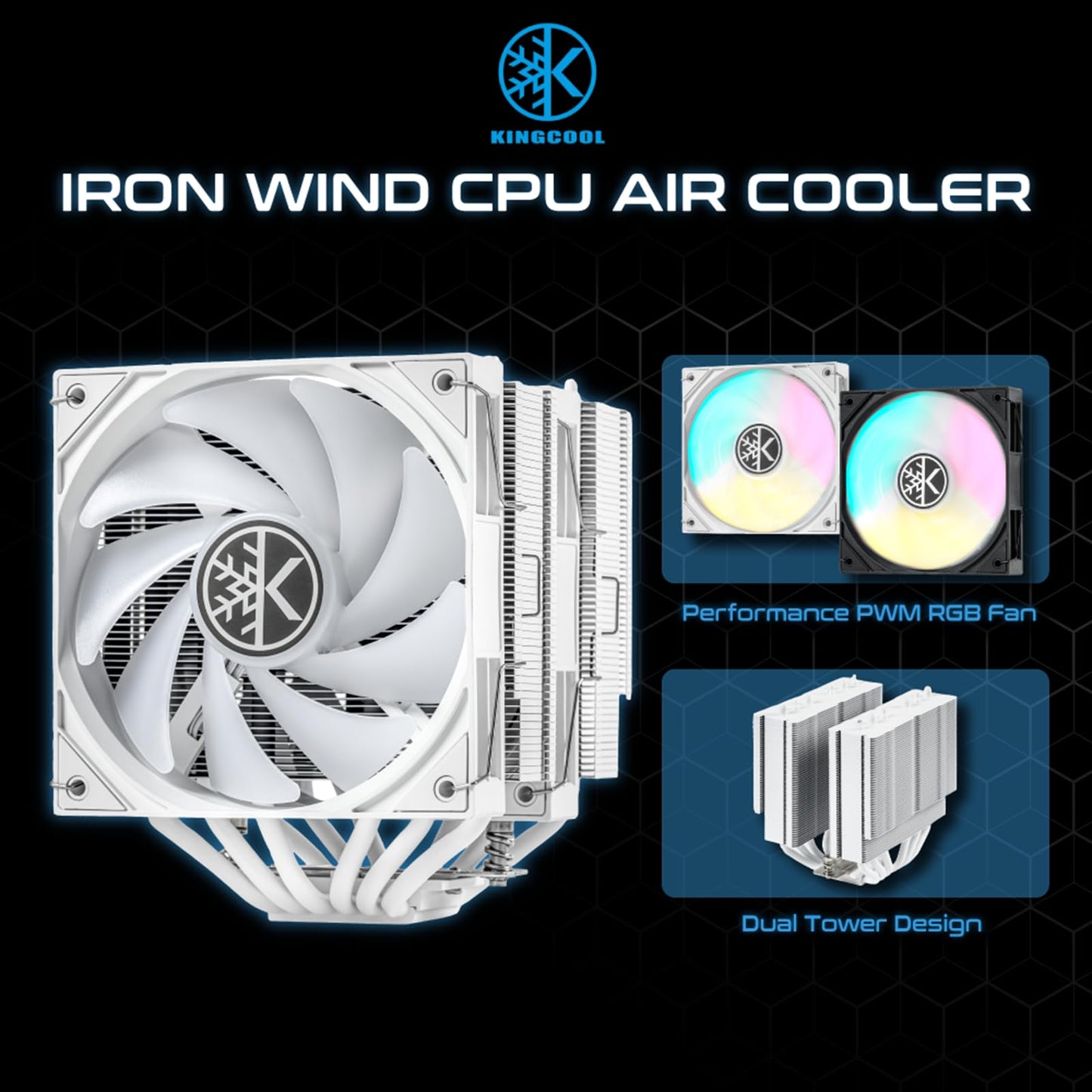 KINGCOOL Iron Wind 120 ARGB CPU Air Coolor, 6 Heat Pipes & Dual Towers, Dual 120mm PWM Fans, 1800 RPM Speed, ARGB Lighting, PC Cooler for AMD AM4 AM5