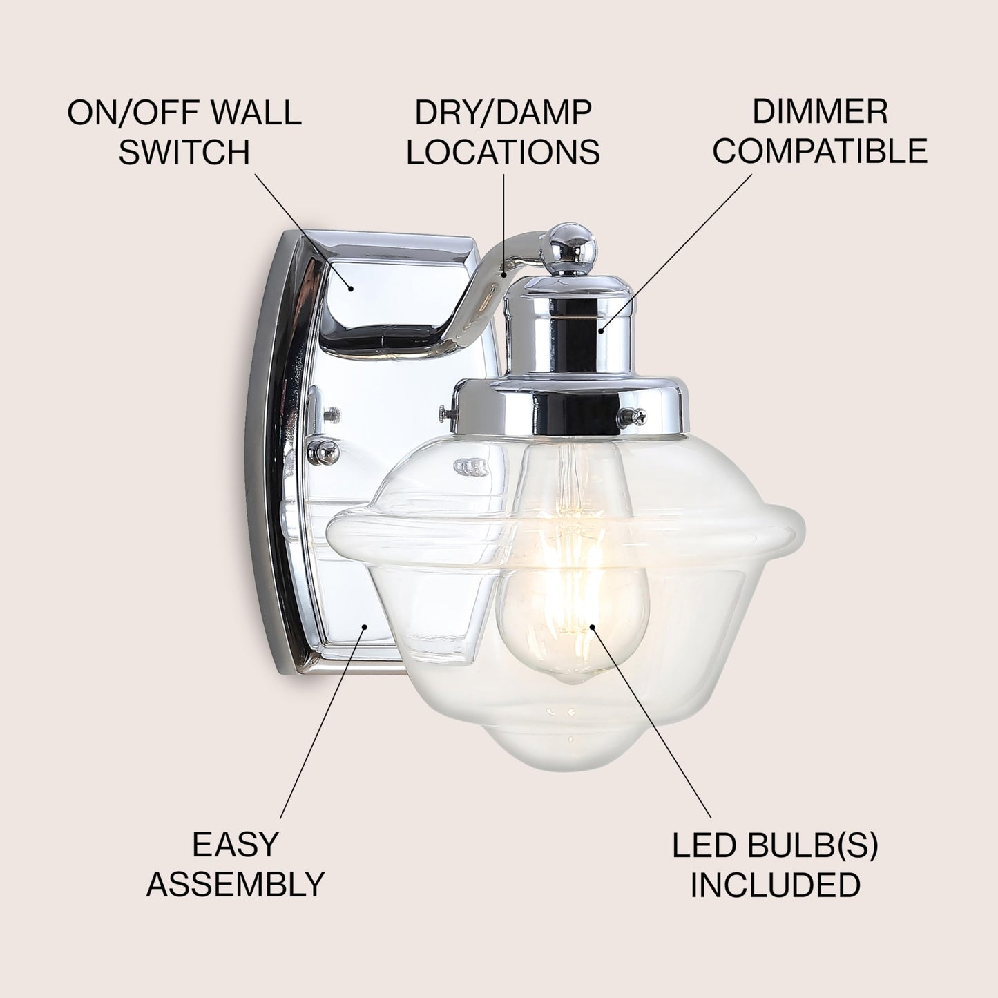 JONATHAN Y 7" Chrome 1-Light Schoolhouse LED Vanity Light, Mid-Century Wall Sconce for Bathroom Kitchen Hallway, Clear Glass Shade, 2700K LED Bulb