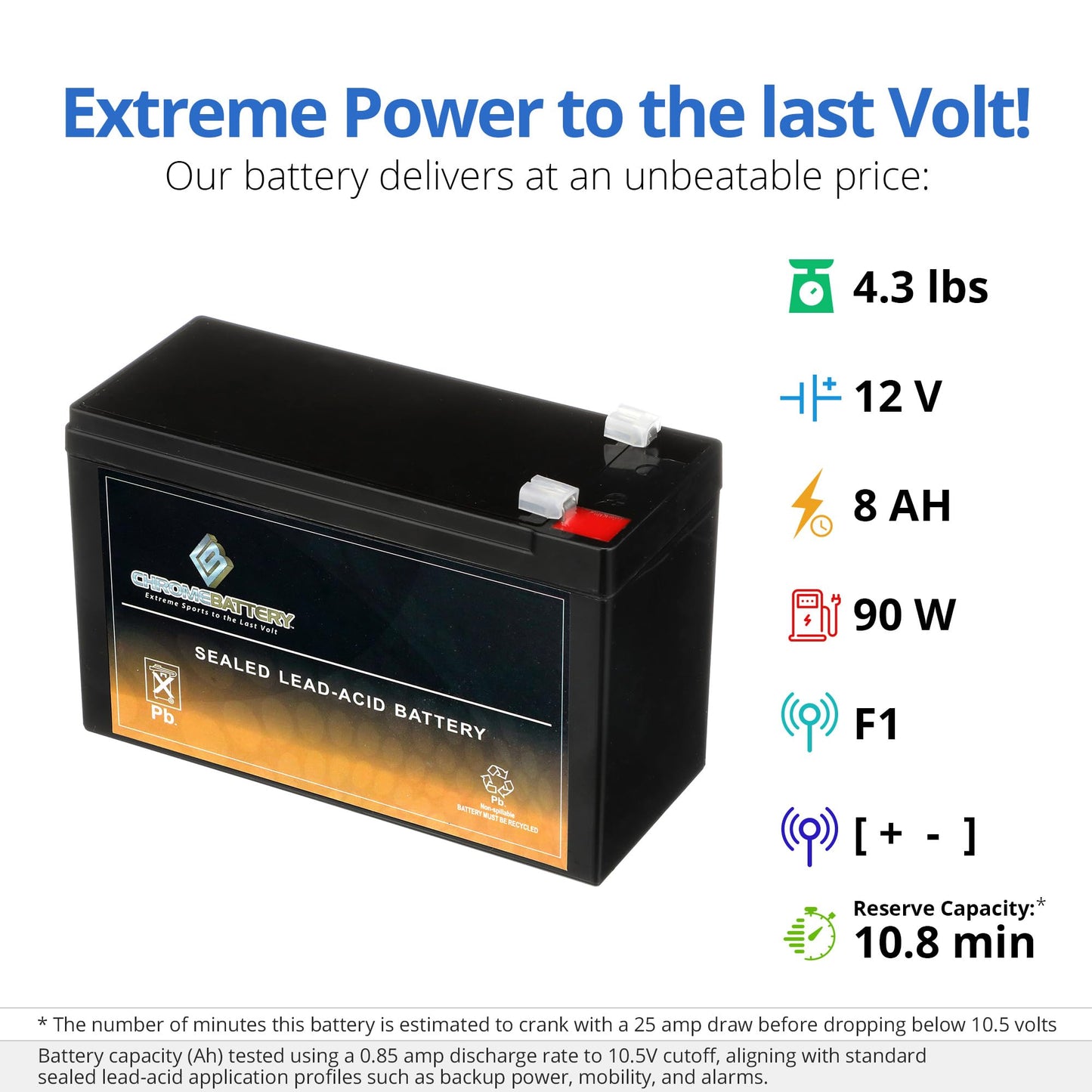 CB CHROMEBATTERY 12V 7.5AH Maintenance-Free Battery for Alarm Systems, Scooters, Toys, Emergency Lights, and More - Spade (F1) Terminal