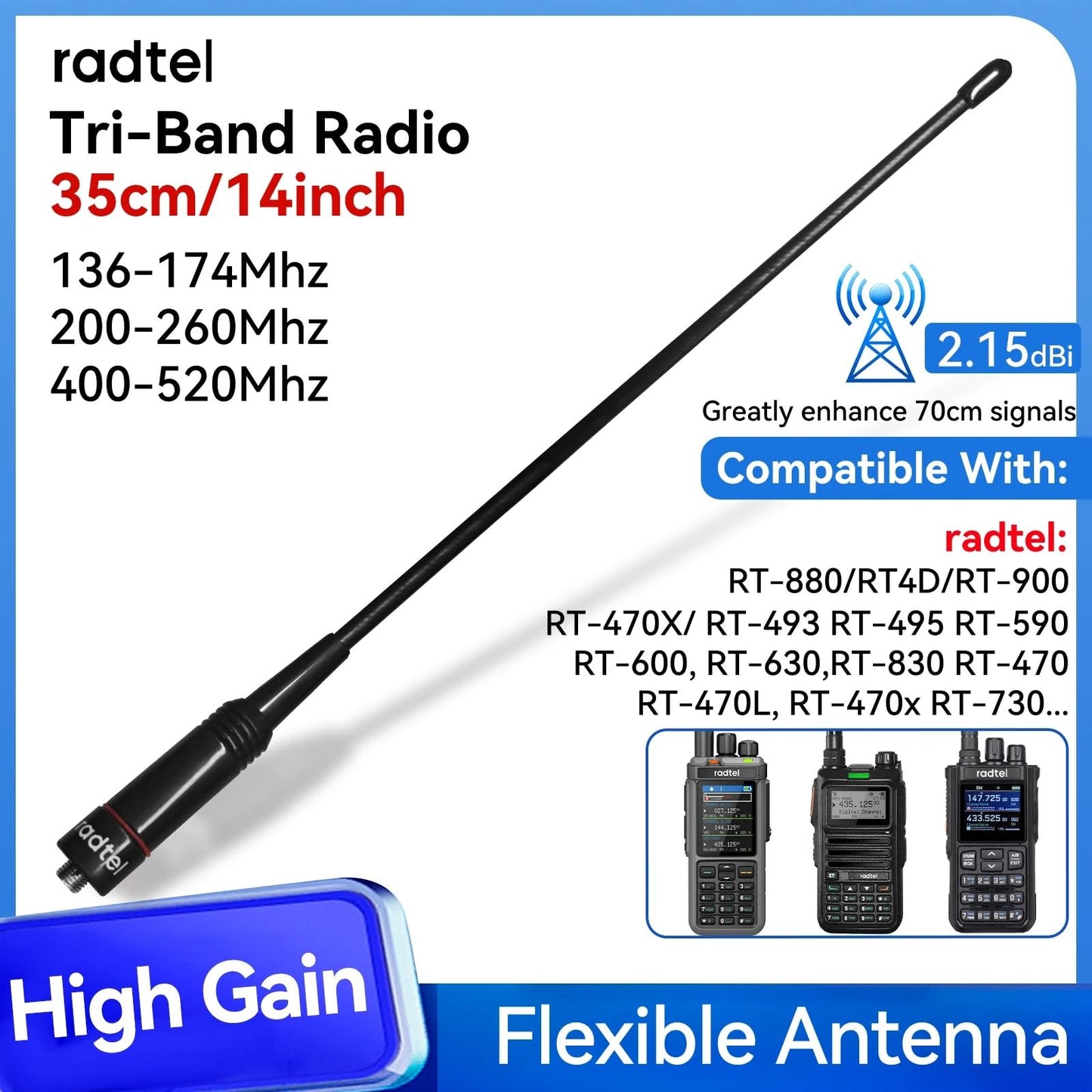 Radtel Tri-Band Flex Antenna RHD-771S 144//220/430Mhz 35cm/13.7inch SMA Female Foldable Soft Antenna Compatible with Baofeng Radtel RT-910B RT-470X