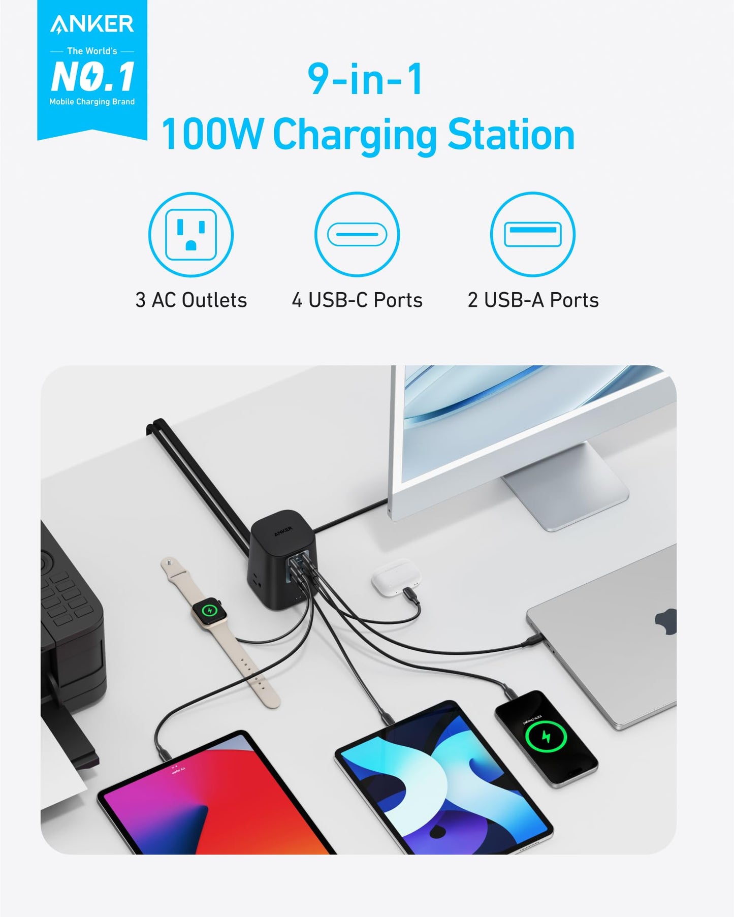 Anker Desktop Charger, 9-in-1 Power Strip with 300J Surge Protector, 5ft Flat Plug Extension Cord with Multiple Devices, 100W USB C Charger with 3 AC