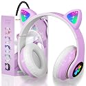 KERHAND Bluetooth Noise Cancelling Headphones for Kids,Foldable Cat Headphone with LED Light Up Ear,Cat Ear Headphones for Toddler with Microphone/TF