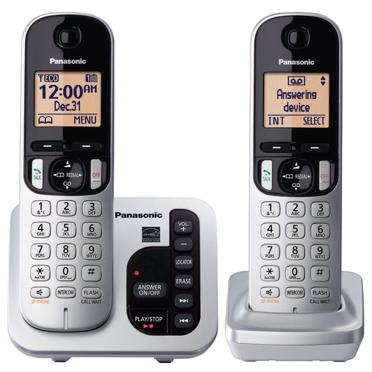 Panasonic Cordless Phone with Answering Machine DECT 6.0 Expandable, Call Block and Caller ID - 2 Cordless Handsets - KX-TGC222S (Silver)