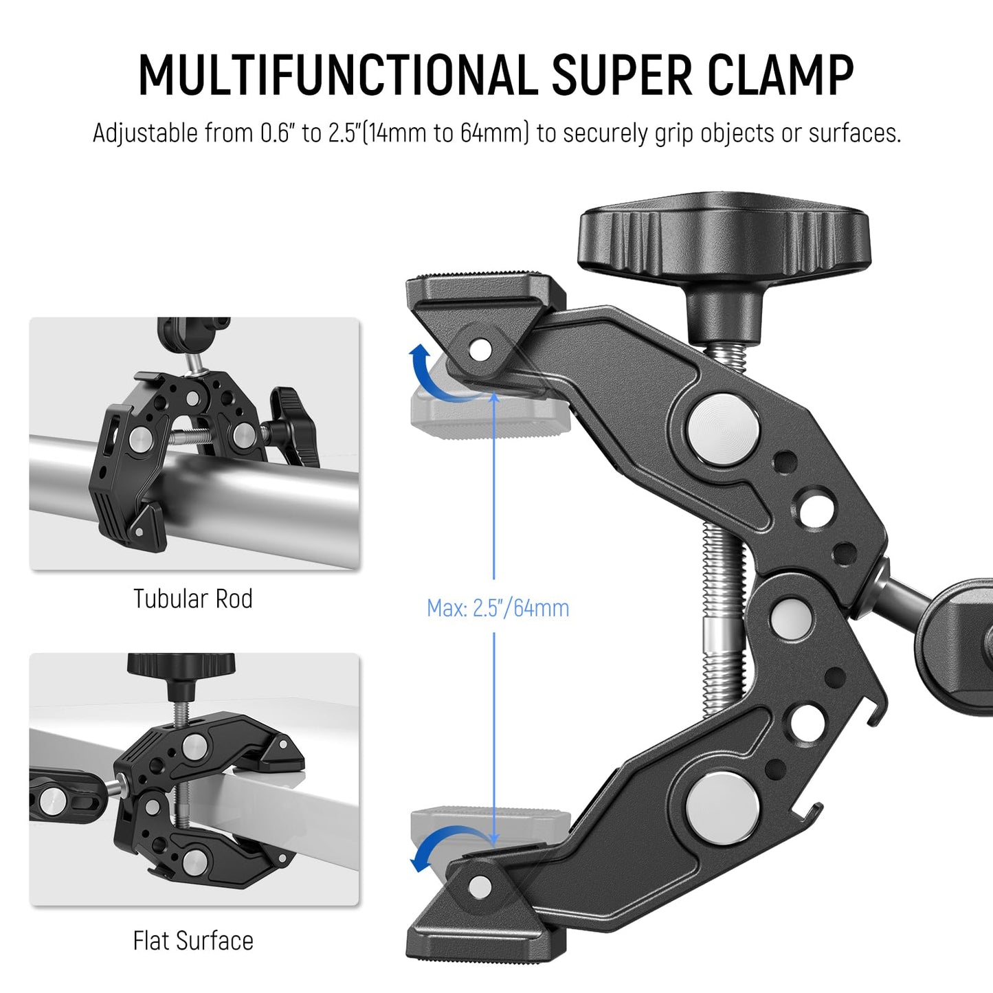 NEEWER Double Super Clamp with Magic Arm, Cleaning Cloth, Umbrella Camera Pole Clamp Mount for Desk Photo Studio Light Stand, Reflector, Scrim, Cross