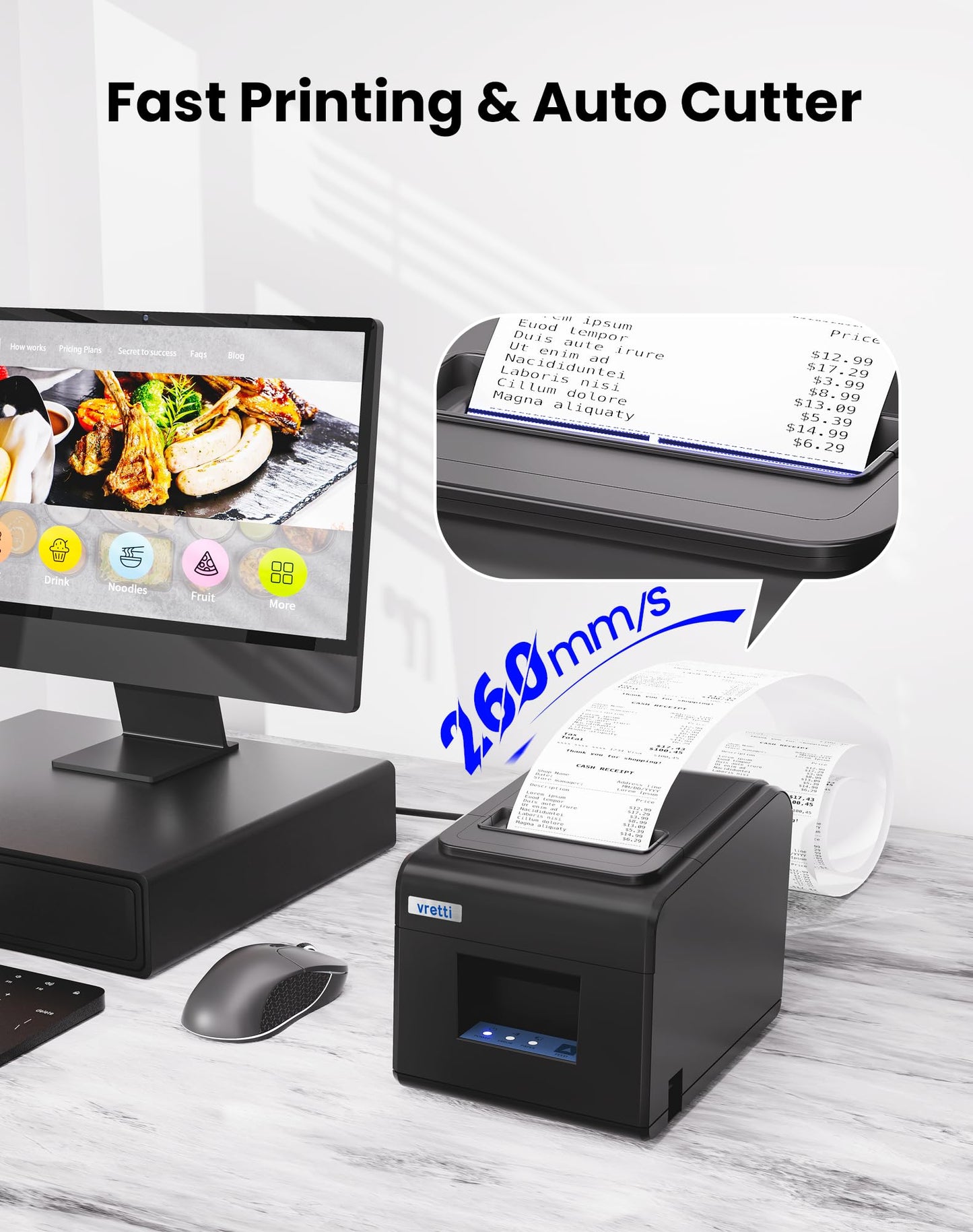 vretti Thermal Receipt Printer, 3'1/8 80mm Direct Thermal Printer with USB Serial LAN Port - Kitchen POS Printer ESC/POS Command Support Cash Drawer
