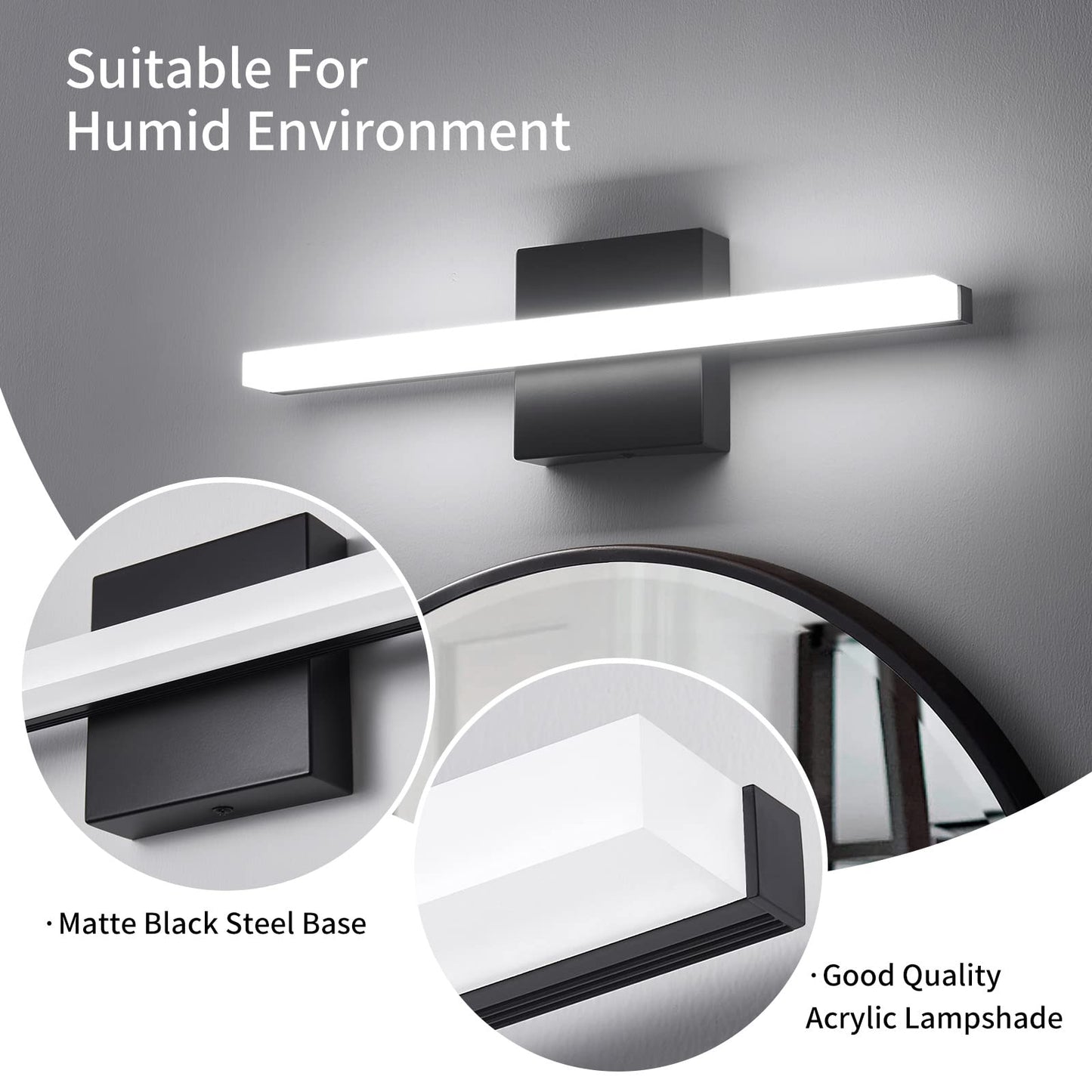 kinyota Modern LED Vanity Lights for Bathroom 16IN 9W Daylight White Black Bathroom Light Fixtures Lights Over Mirror Vanity Lighting Fixtures Vanity