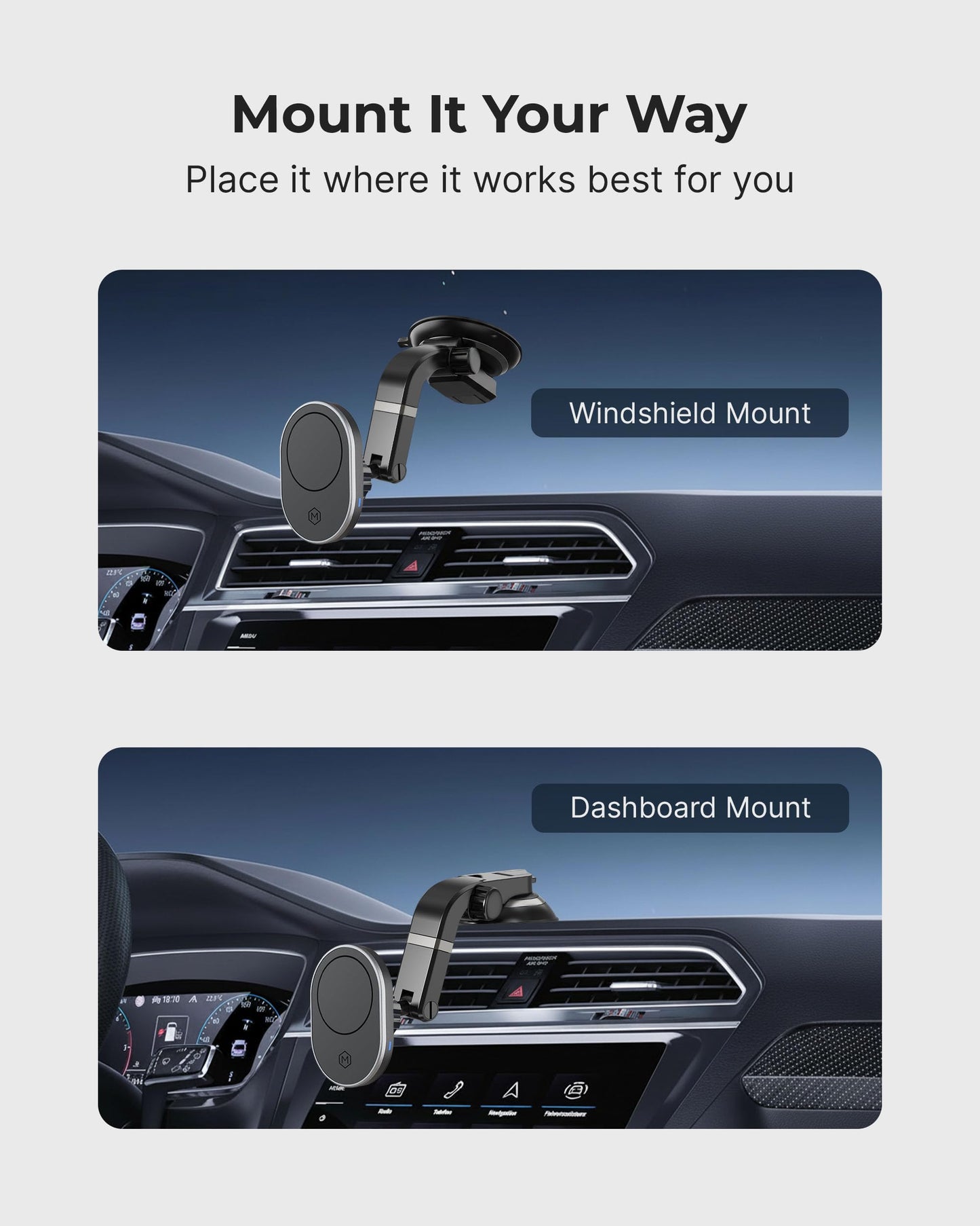 Wireless Car Charger Multi-Angle Adjustable Dashboard/Windshield Mount Smartphones, Magnetic Car Phone Holder, Fast Charging, Universal Dashboard Fit