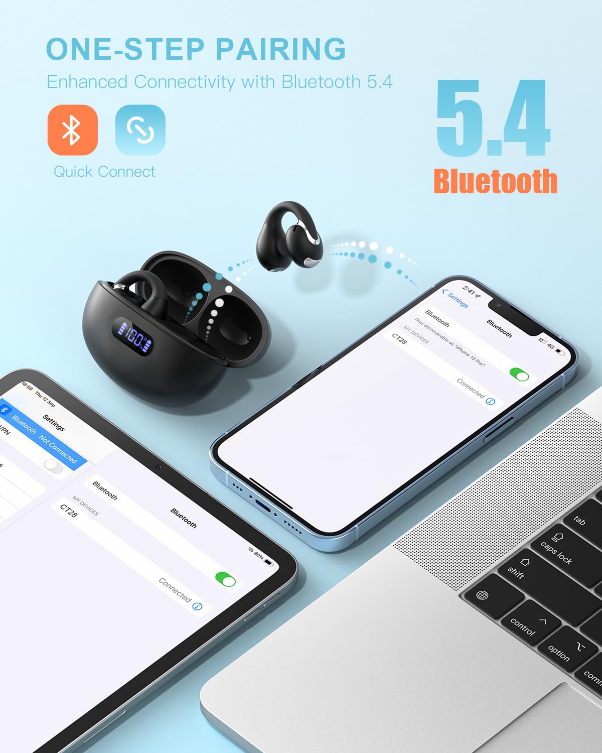 Jzones Open Ear Clip Wireless Earbuds Bluetooth 5.4, Lightweight Comfort Sports Bone Conduction Headphones Built-in Mic for Clear Audio, Stable Fit…