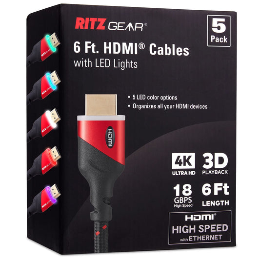 Ritz Gear HDMI Cable 6ft, 5 Pack, with Multi-Color LED Lights (Red, Blue, White, Green, Purple), Black/Red Braided Nylon Cord | for Your PS5, PS4