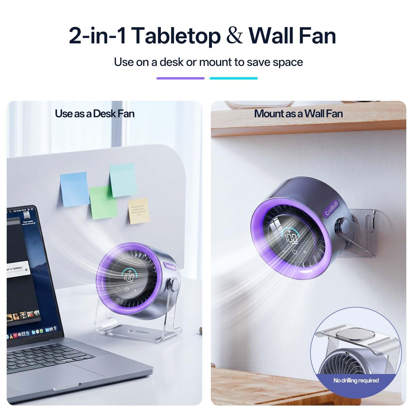 Coolhill USB Desk Fan for Bedroom: 100 Speeds Digital Display Quiet Portable Fan with Turbo Airflow, 120° Rotating Small Rechargeable Battery Desktop