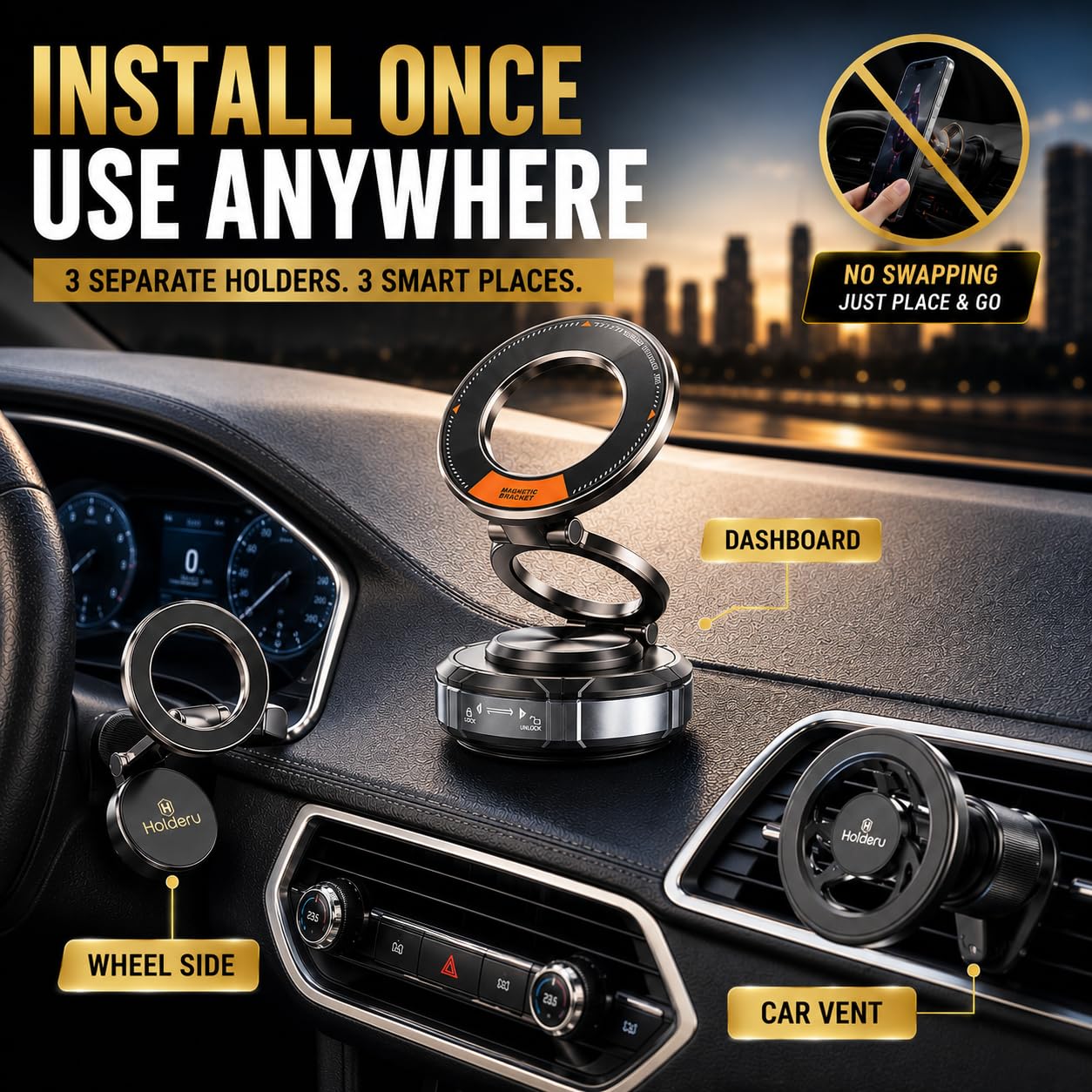 Magnetic Car Phone Mount for MagSafe - 3 Holder Bundle (Dashboard, Air Vent & Steering Side) Strong Magnetic Hold with Premium Build Quality - Car