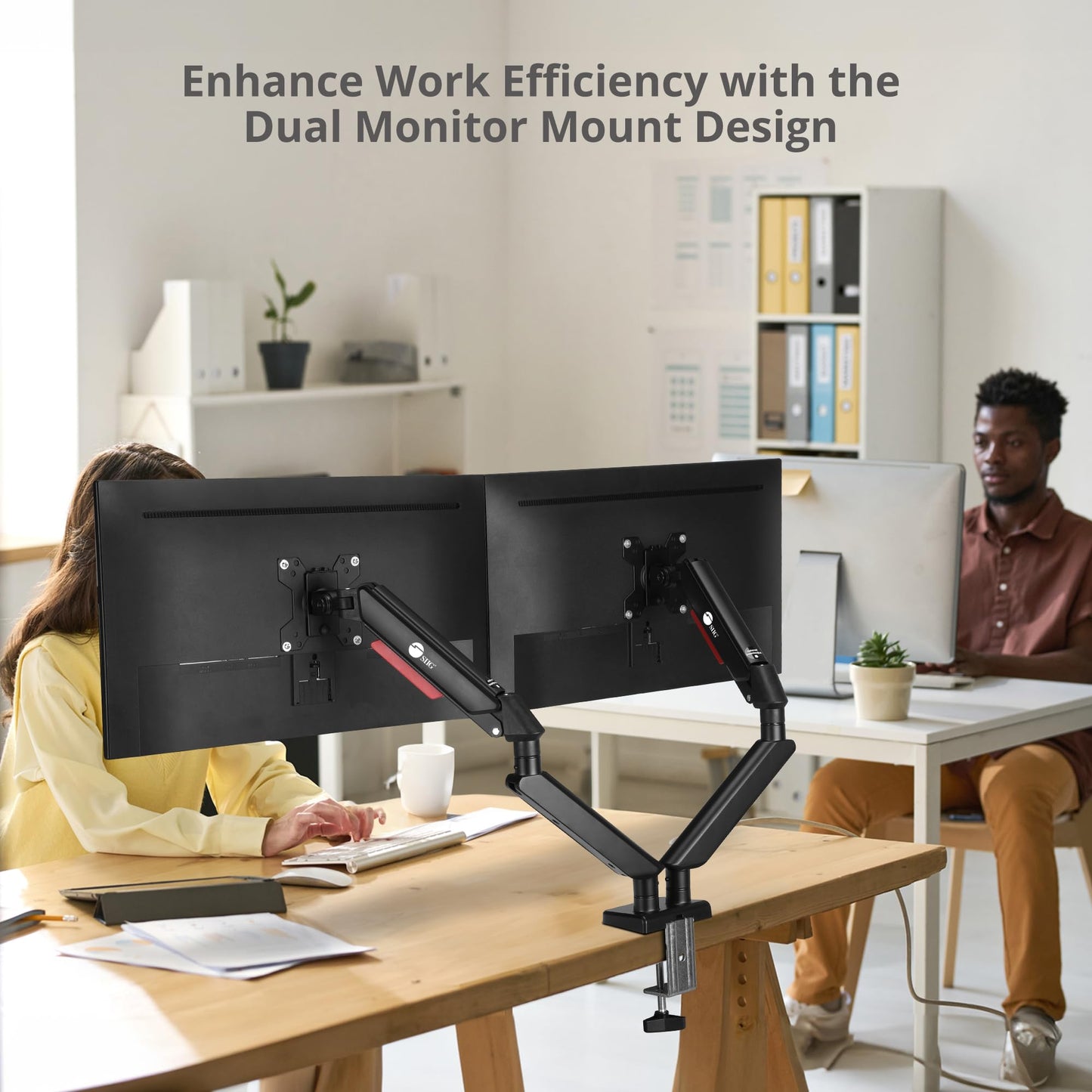 SIIG Dual Monitor Arm Stand for Desk - Fully Adjustable Gas Spring Mount Holds 22 lbs and 13-32 Inch Screens, VESA 75x75 100x100 with C-Clamp