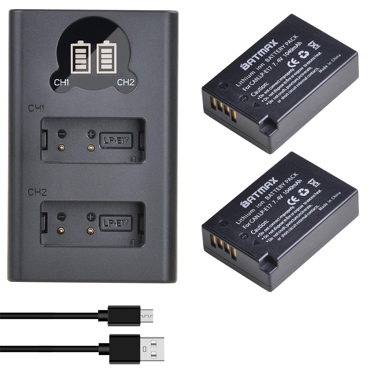 Batmax 2Packs LP-E17 Battery + LED Charger for Canon EOS Rebel SL2 SL3 T6i T6s T7i, EOS M5 M3 M6, M6 mark2, 77D 200D 250D 750D 760D 800D 8000D RP