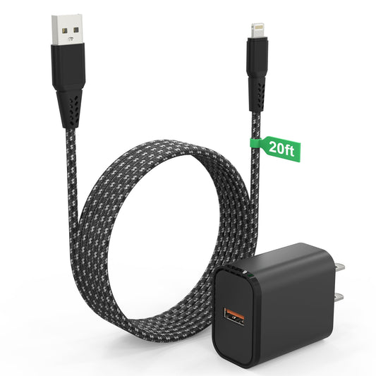 iPhone Charger Cord 20 FT [Apple MFi Certified] iPhone Charger Long Cable with QC 18W Wall Charger Plug, Braided iPhone Cord Fast Charging USB…