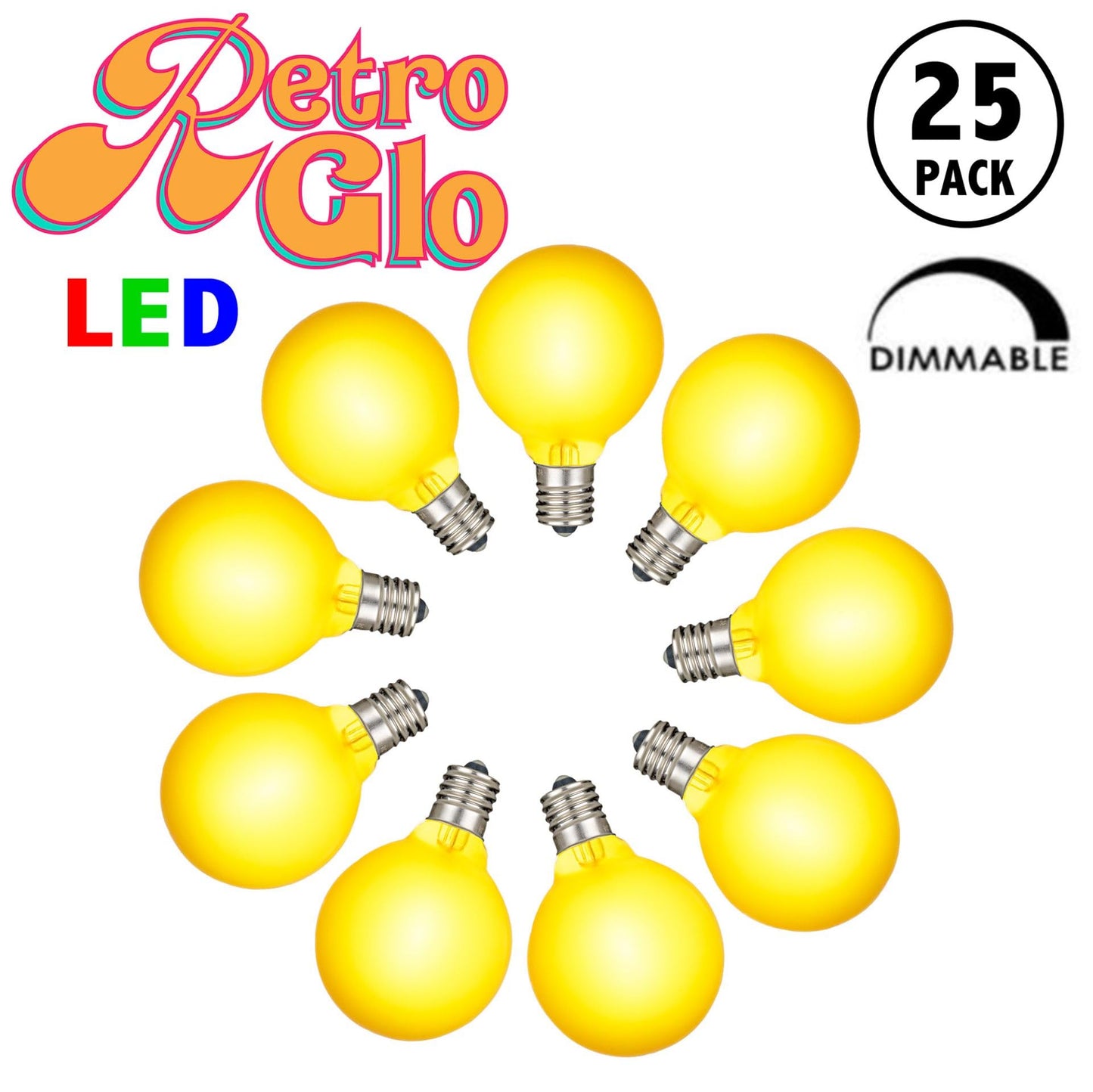 RetroGlo Satin Yellow G40 LED Globe Bulbs, 25 Pack, E12 Candelabra Base