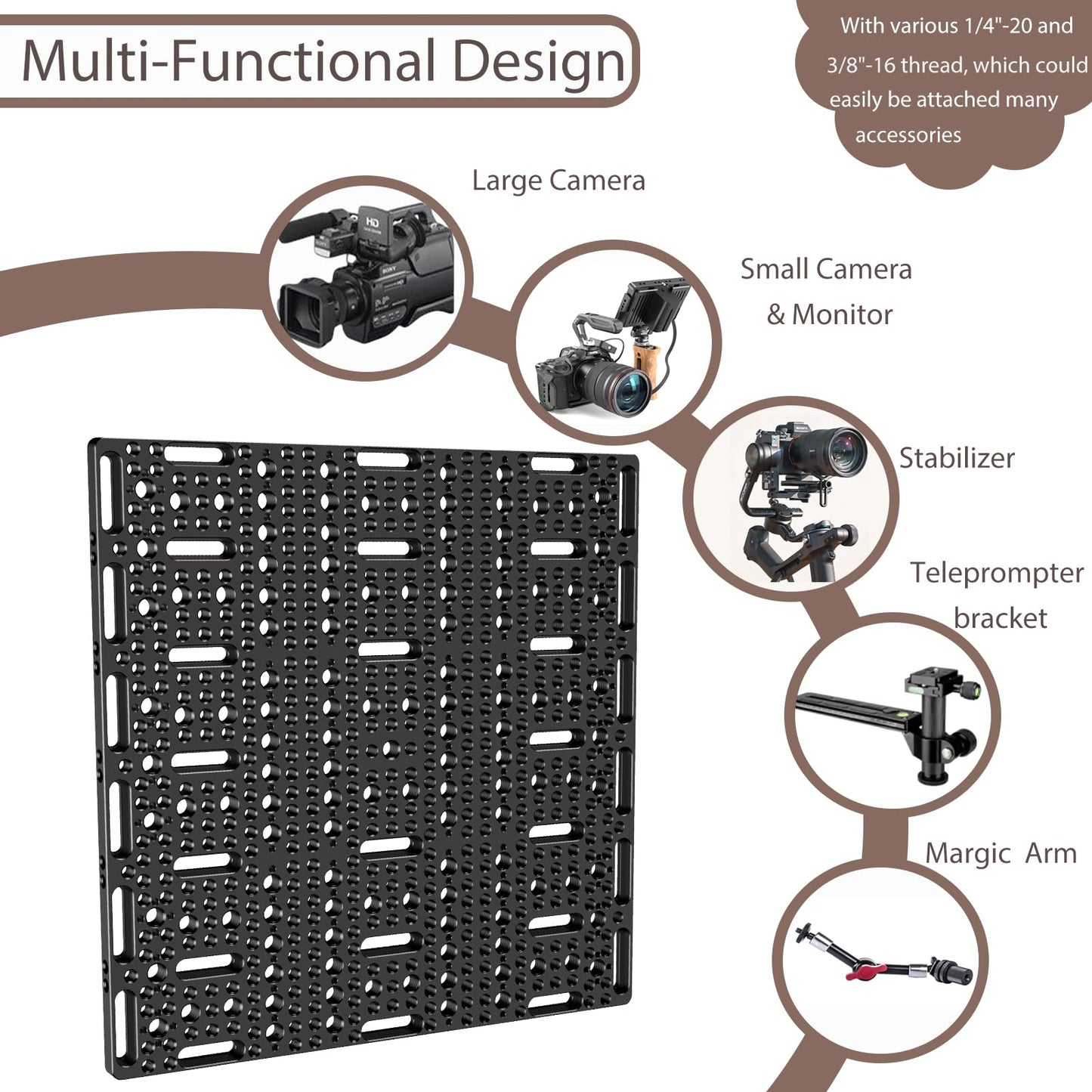 DINESK Multi-Functional Camera Cheese Plate with 1/4"& 3/8 Threads,11.81"x11.81"Extra Large Aluminum Alloy Cheese Plate for Cameras,Monitors