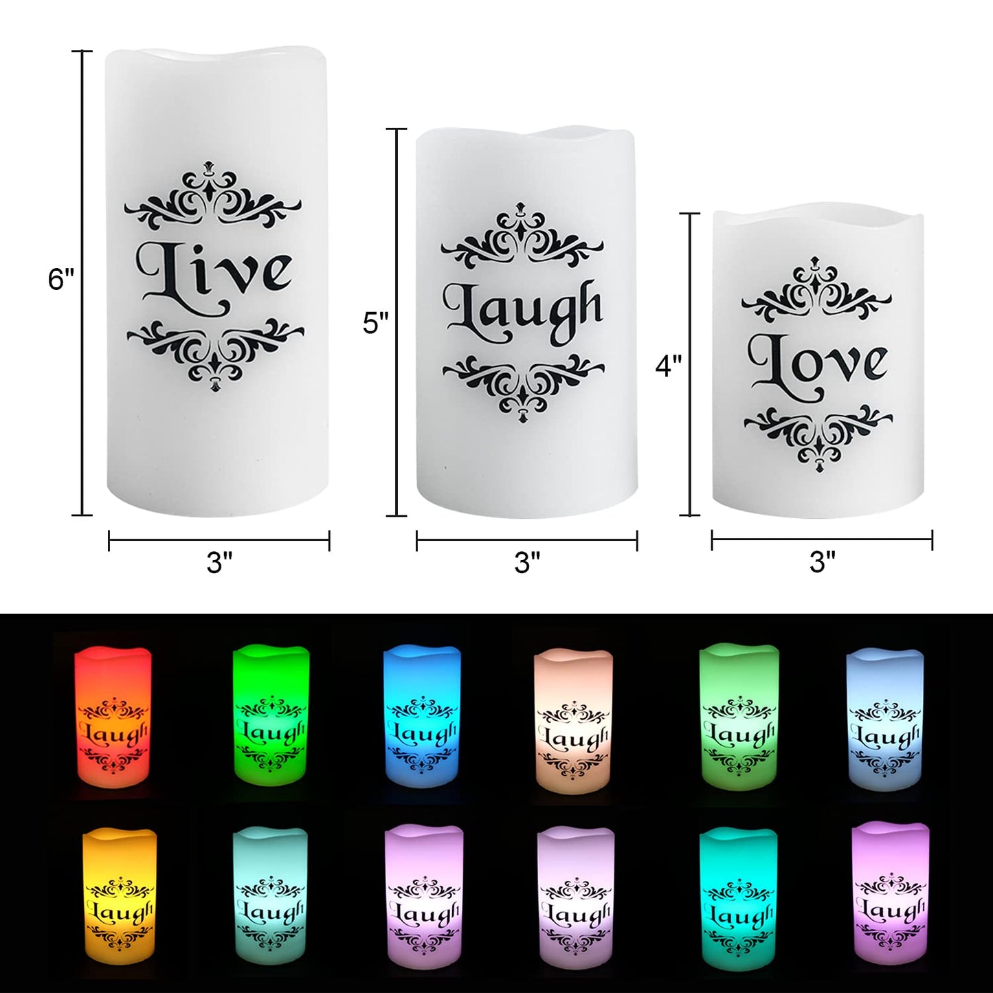 DRomance Color Changing Flameless Candles Battery Operated with 18-Key Remote Timer, 3 Pack Real Wax Live Love Laugh Decal Flickering LED Pillar