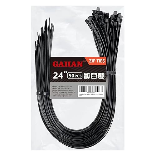 Long Zip Ties Heavy Duty 24 inch, Large Zip Ties with 200 lbs Tensile Strength, Big Cable Ties, Black, 50 Pack, by GAIIAN