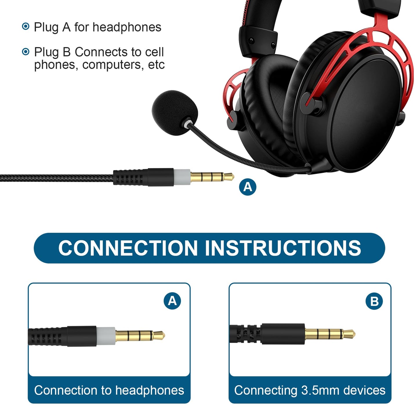 HyperX Cloud Alpha Replacement Cable - Compatible with Cloud Alpha, Mix, Flight, Logitech G633, G933 Gaming Headsets - 3.5mm Audio Cable with Mute