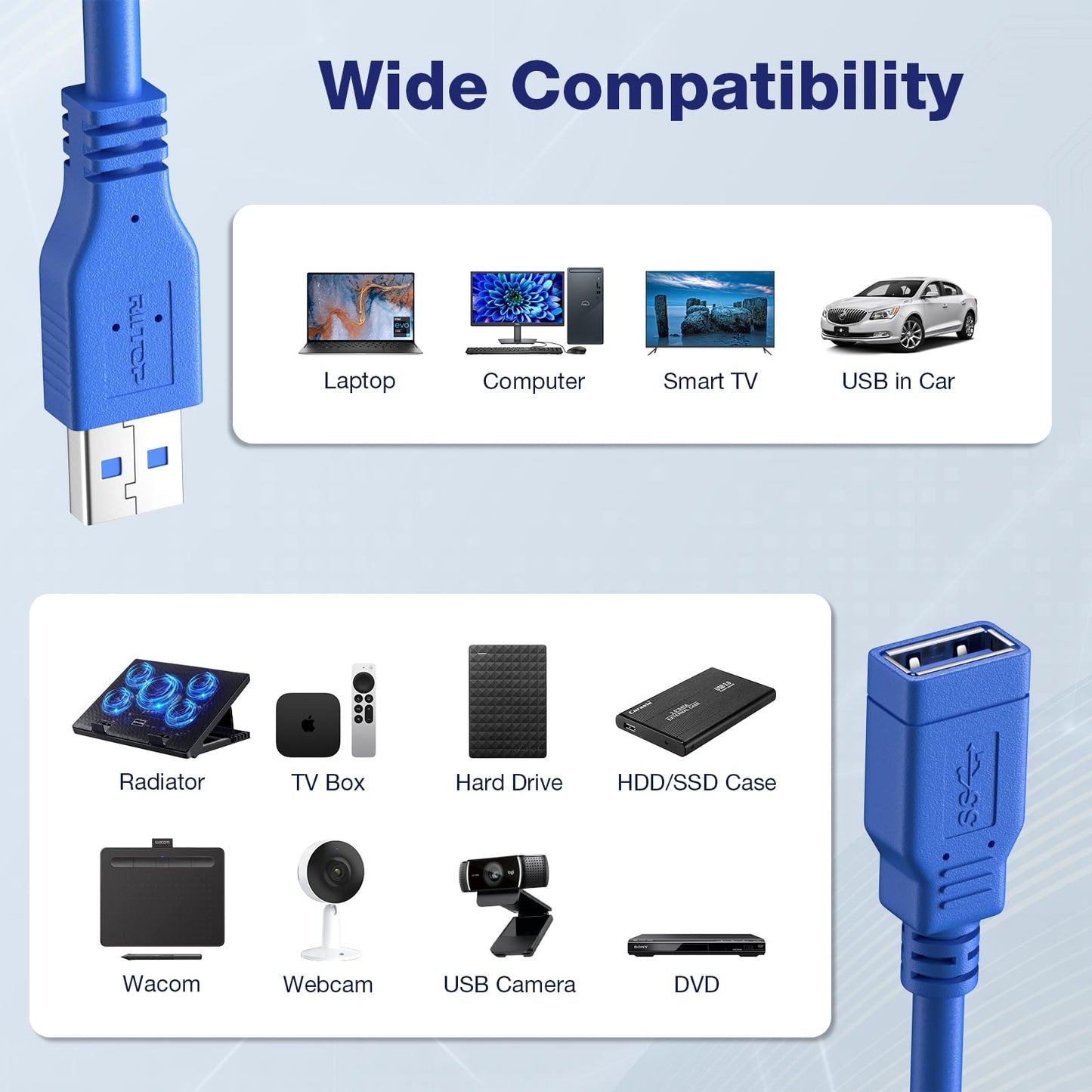 RIITOP Short USB 3.0 Extension Cable USB-A Extender Male to Female 5Gbps (1FT,2-Pack)