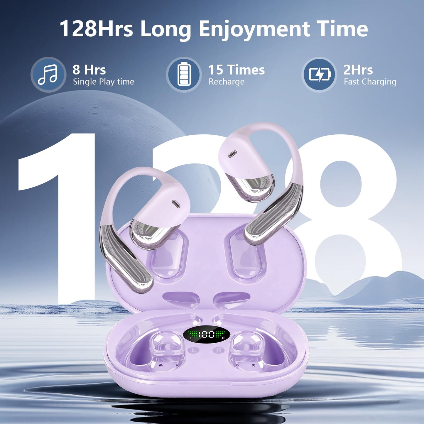 2026 Open Ear Headphones,Over Ear Buds Clip Wireless Earbuds Built-in Mic Earhook,Bluetooth LED Display,60H Playtime Touch Control Ultra-Comfort