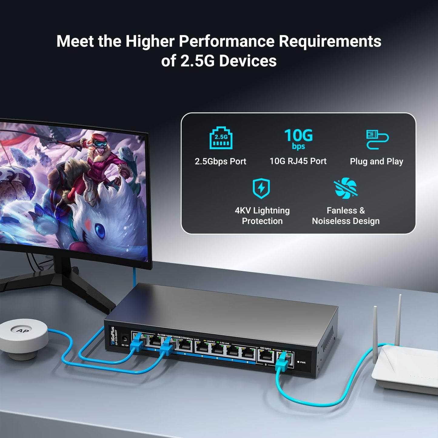 10 Ports 10Gb Unmanaged Ethernet Switch with 8*2.5G Base-T Ports, 2*10G RJ45 Ports. 80Gbps Switching Capacity, GiGaPlus 10Gbps Network Switch