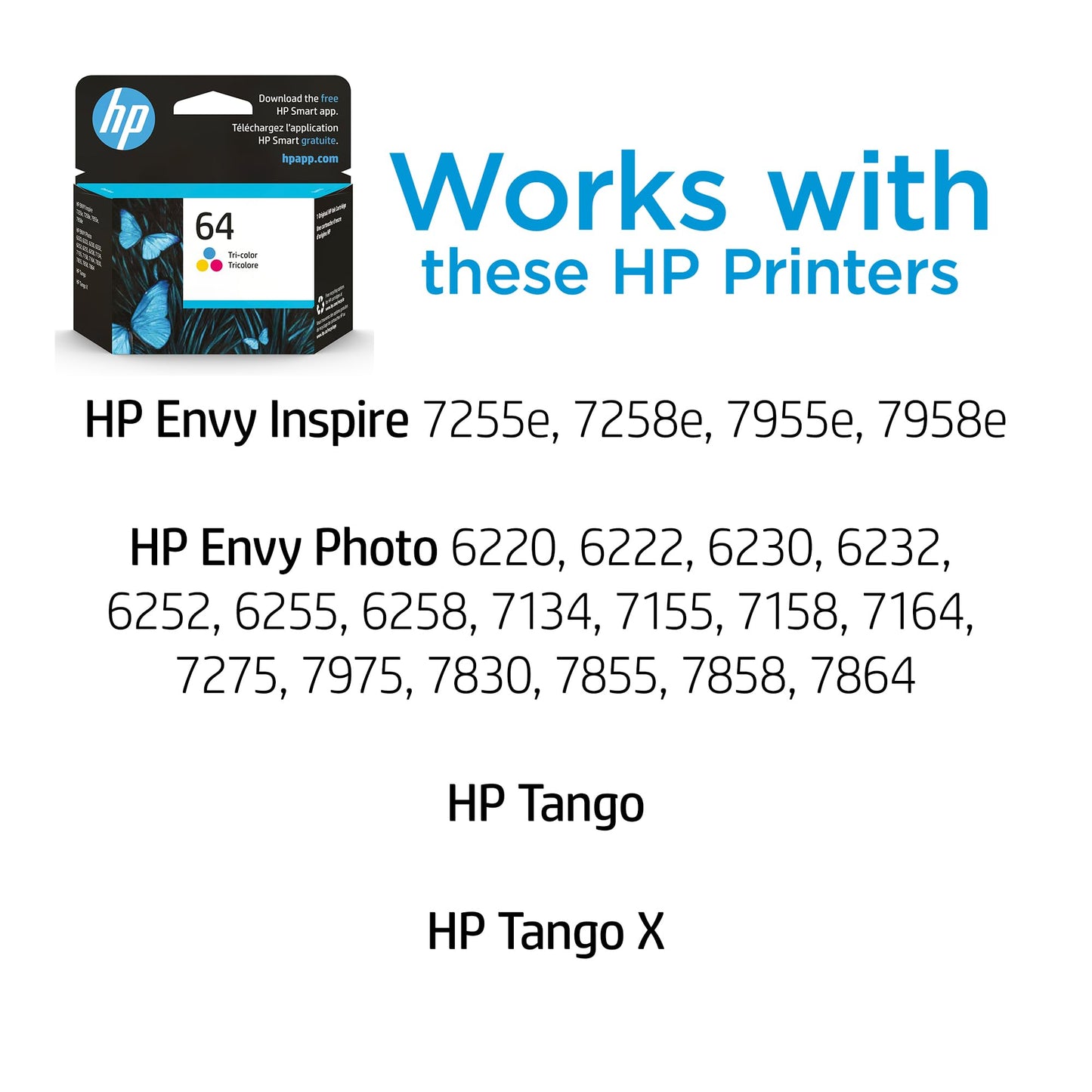 HP 64 Tri-Color Ink Cartridge | Works with Envy Inspire 7950e; Envy Photo 6200, 7100, 7800; Tango Series | Eligible for Instant Ink | N9J89AN