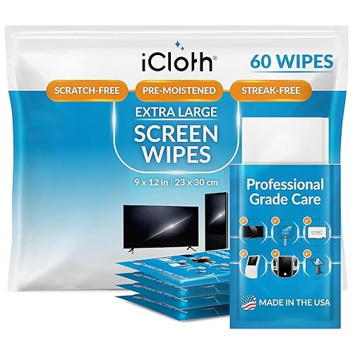 iCloth XL Screen Cleaning Wipes, Lint-Free and Streak-Free, Fast-Drying, Removes Dust, Fingerprints, and Smudges (60 XL Wipes)
