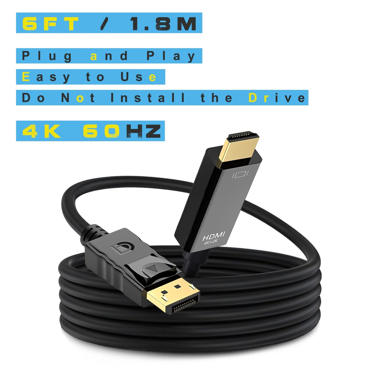 4K 60Hz Displayport to HDMI Cable 6ft, NOT HDMI to Displayport Adapter, Display Port to HDMI Cable 6feet for Dell Lenovo HP Laptop Desktop PC Monitor
