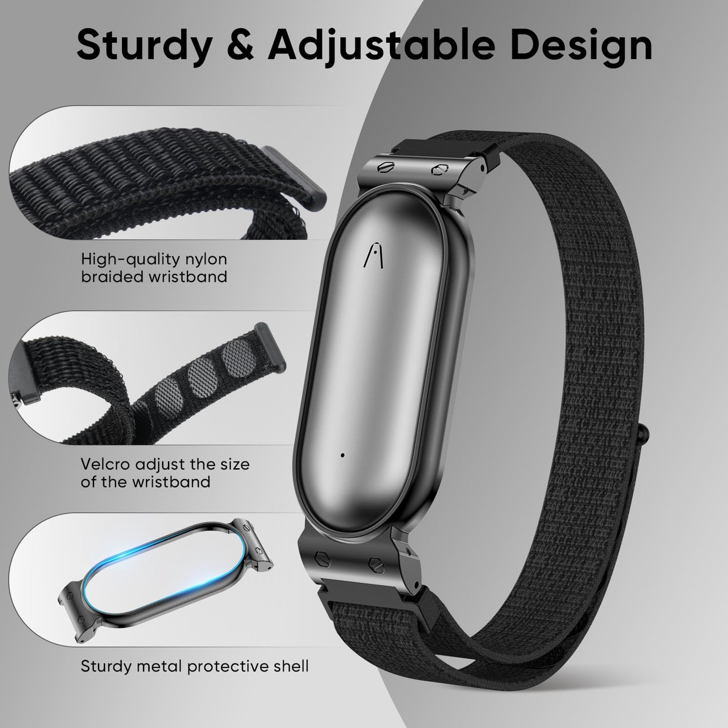 BLIKEJIN Nylon Loop Strap for PLAUD NotePin Ai/NotePin S Ai Adjustable Soft Fabric Wristband Comfortable Breathable (Black+Silver)